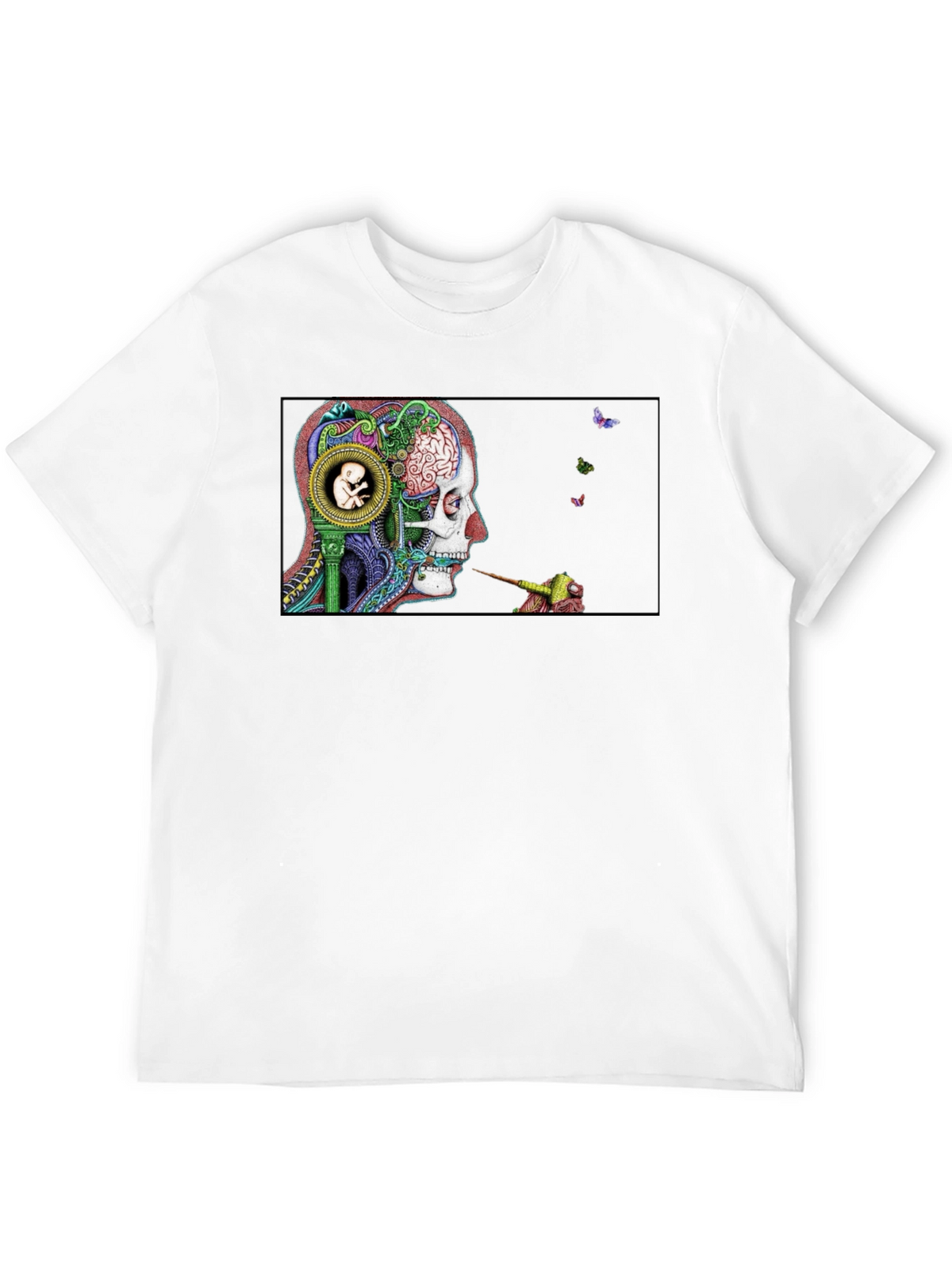 Intricate Brain Art T-Shirt - Skull and Embryo Design
