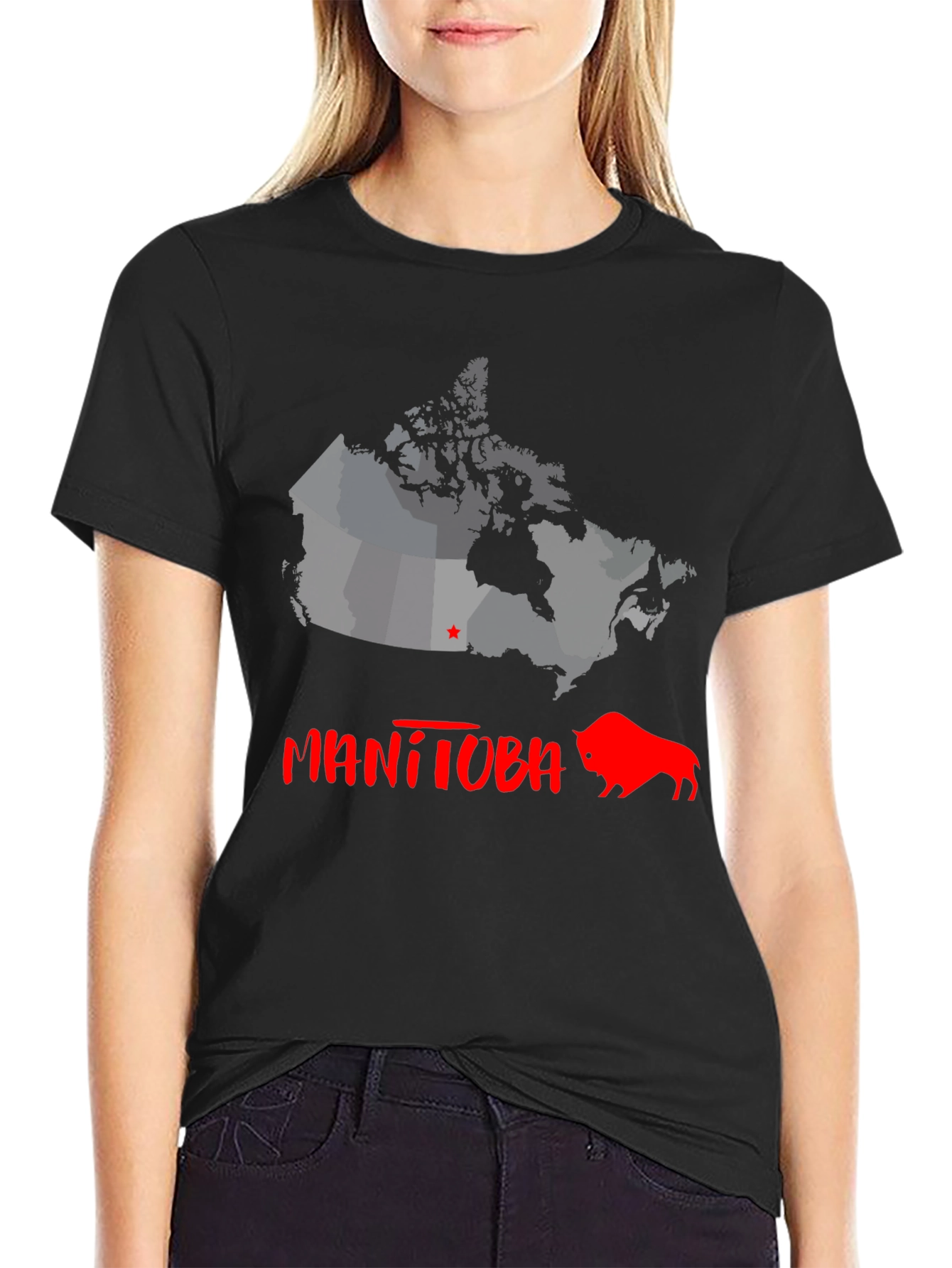 Manitoba Canada Bison Graphic Tee - Black Cotton T-Shirt