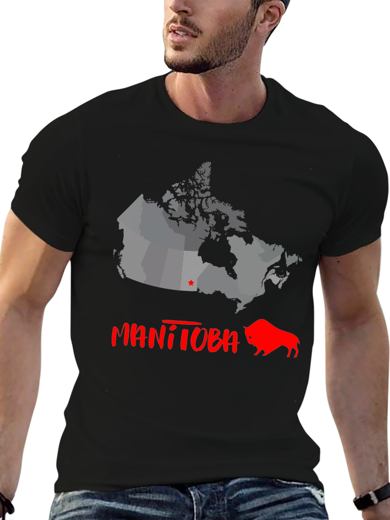 Manitoba Canada Bison Graphic Tee - Black Cotton T-Shirt