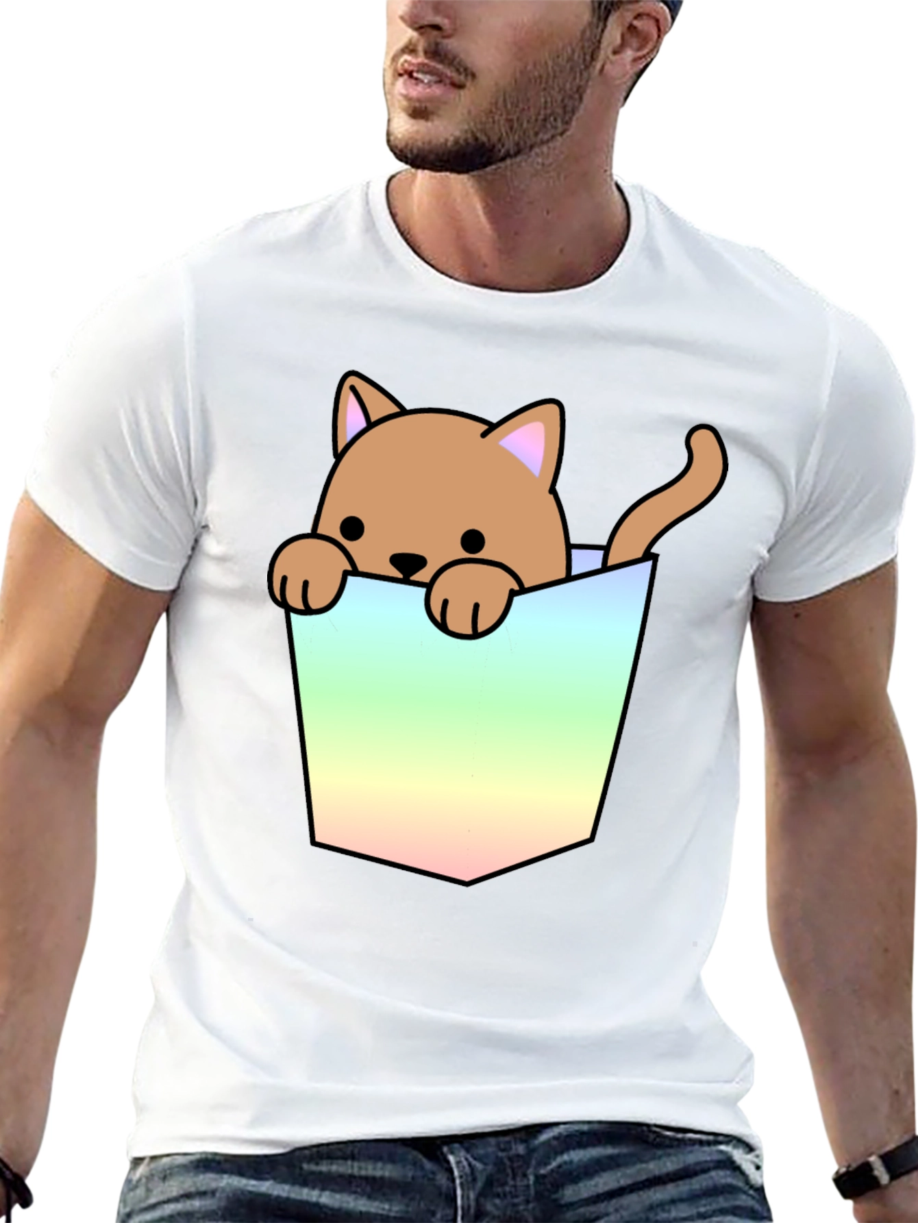 Cute Cat in Pocket Graphic T-Shirt