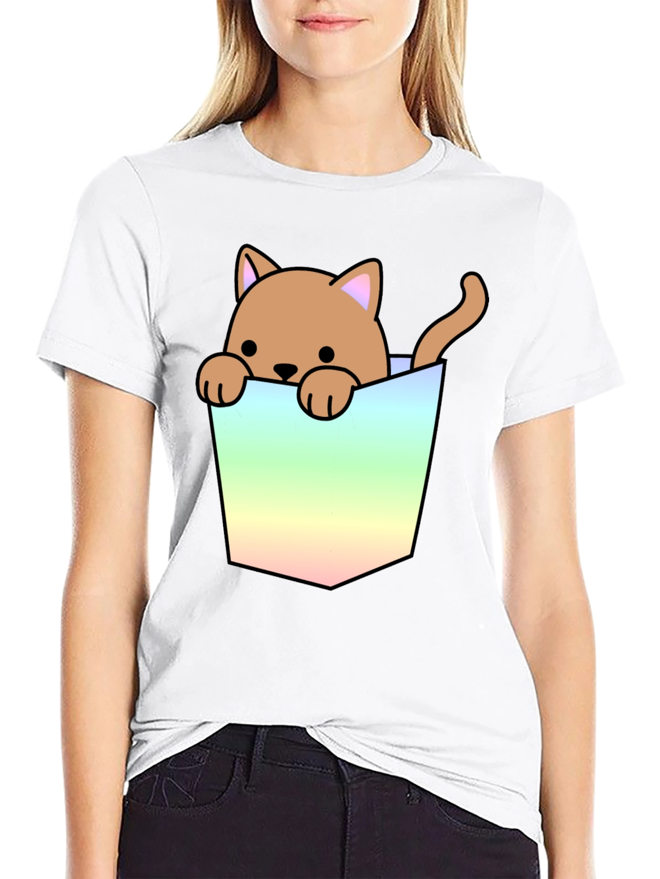 Cute Cat in Pocket Graphic T-Shirt