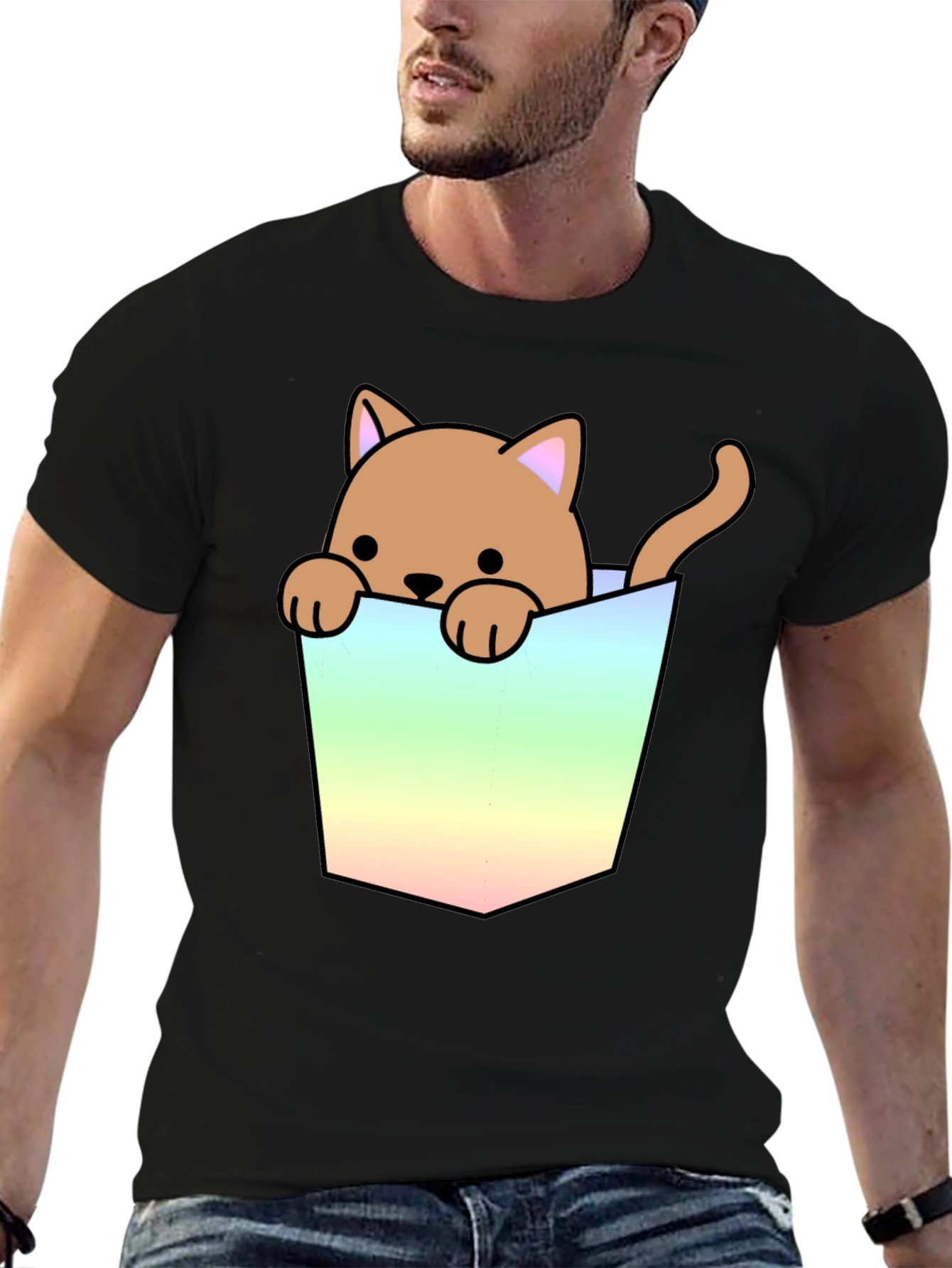 Cute Cat in Pocket Graphic T-Shirt