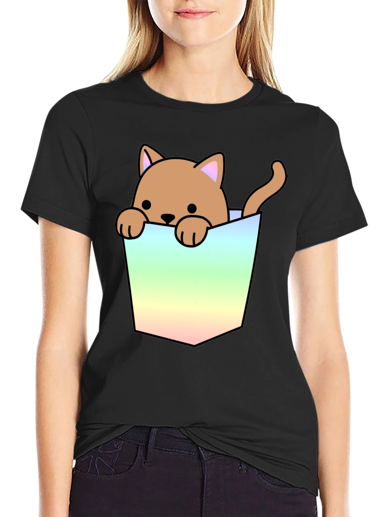Cute Cat in Pocket Graphic T-Shirt