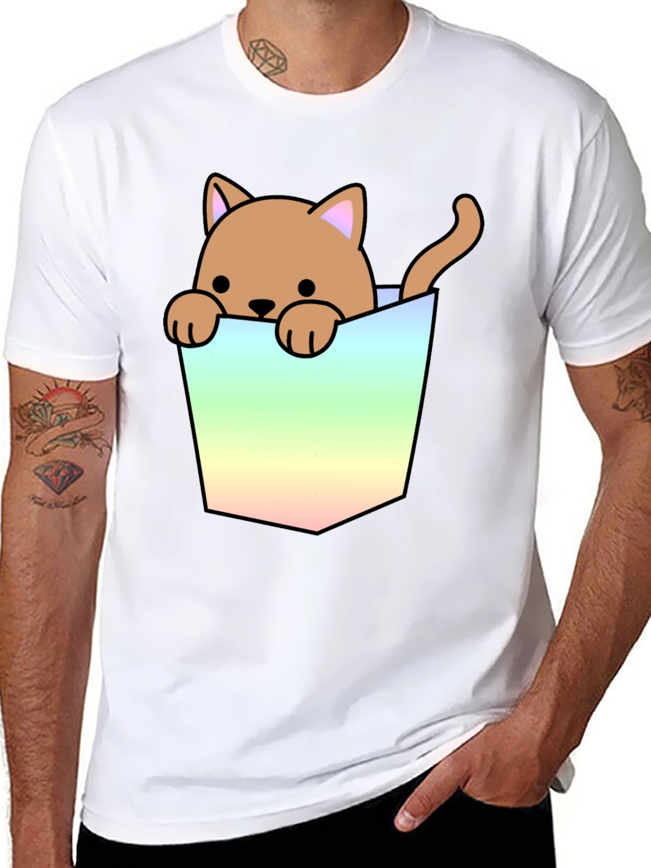 Cute Cat in Pocket Graphic T-Shirt