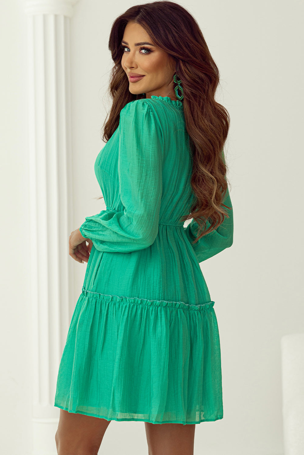 Sea Green Frilly V Neck Puff Sleeve Drawstring Shift Mini Dress