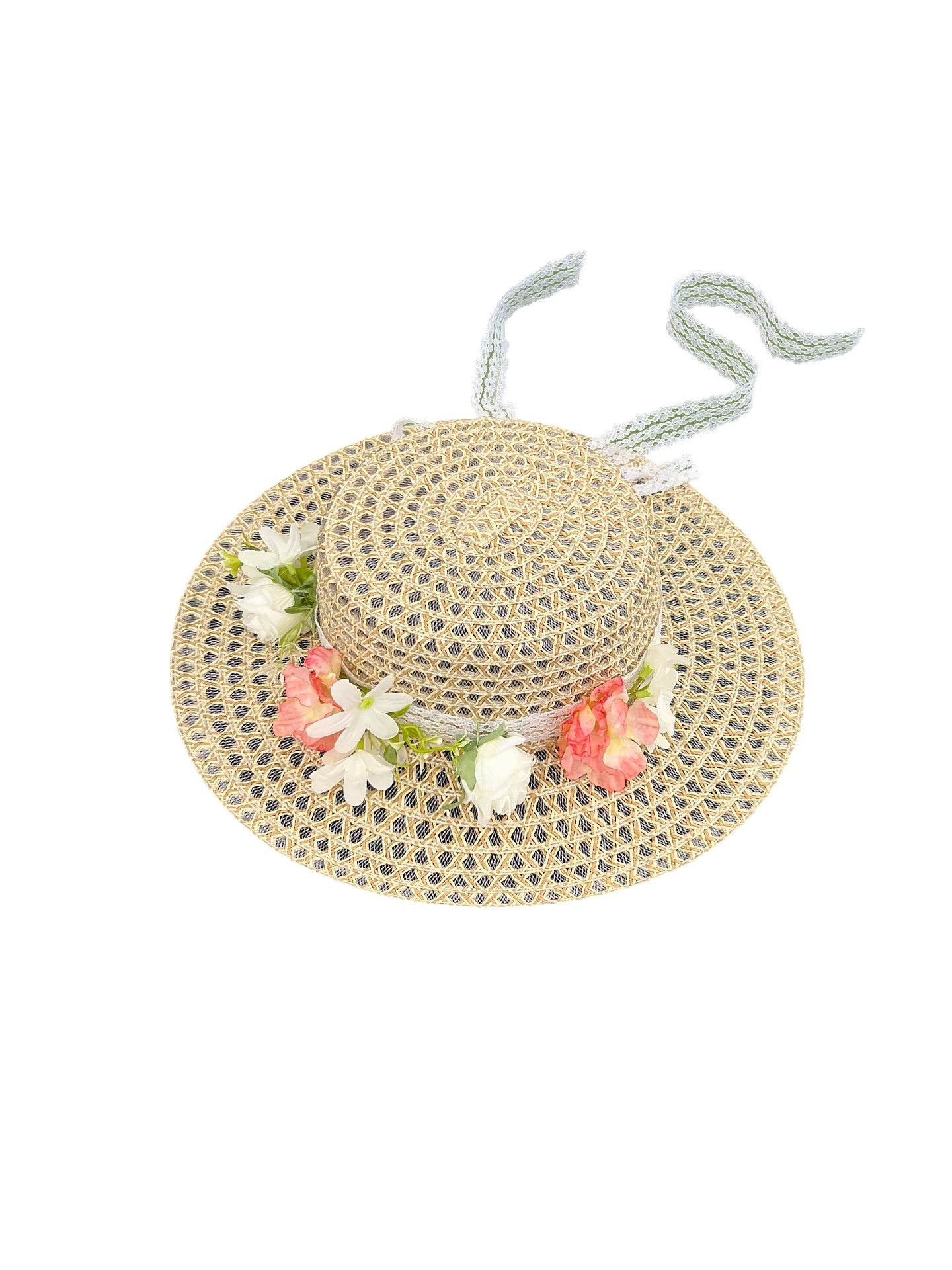 Straw Flat-Top Hat with Floral Decoration and Lace Ribbon