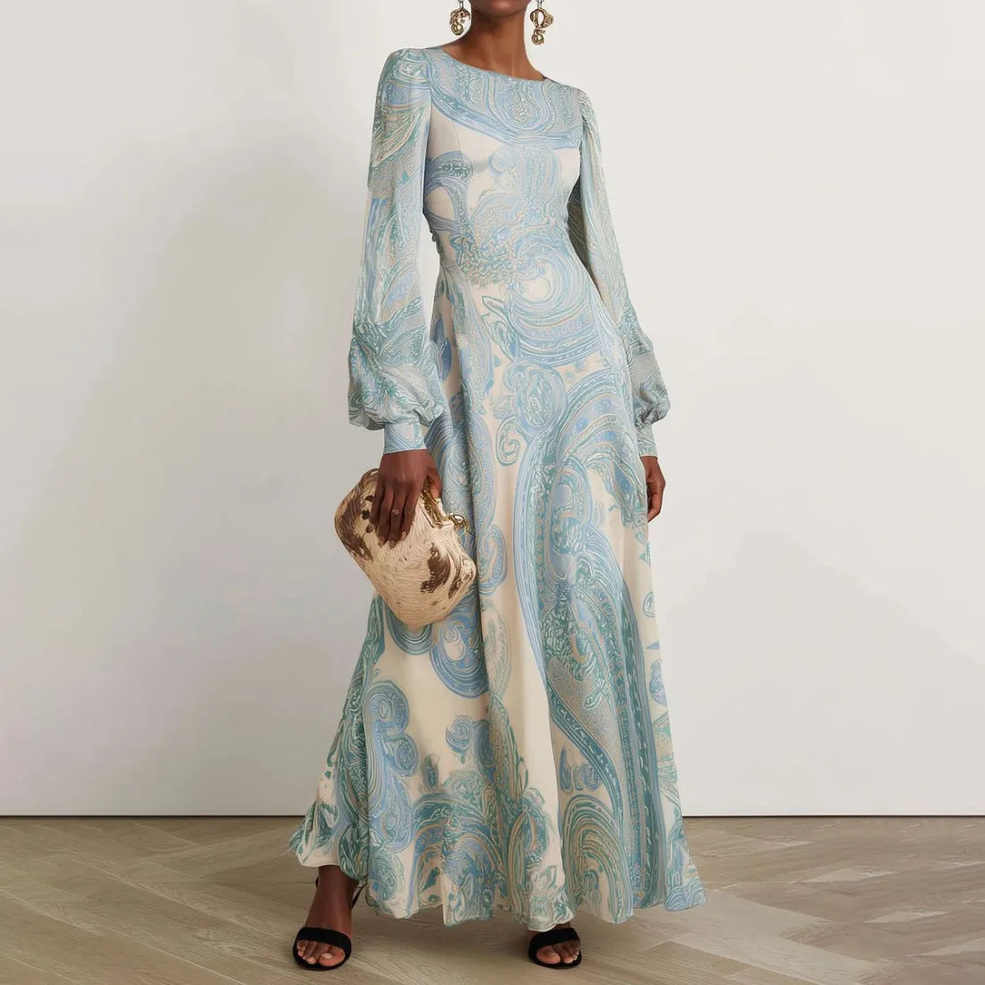 Women's Elegant Pattern Printed Round Neck Long Lantern Sleeve Long A-Line Dress
