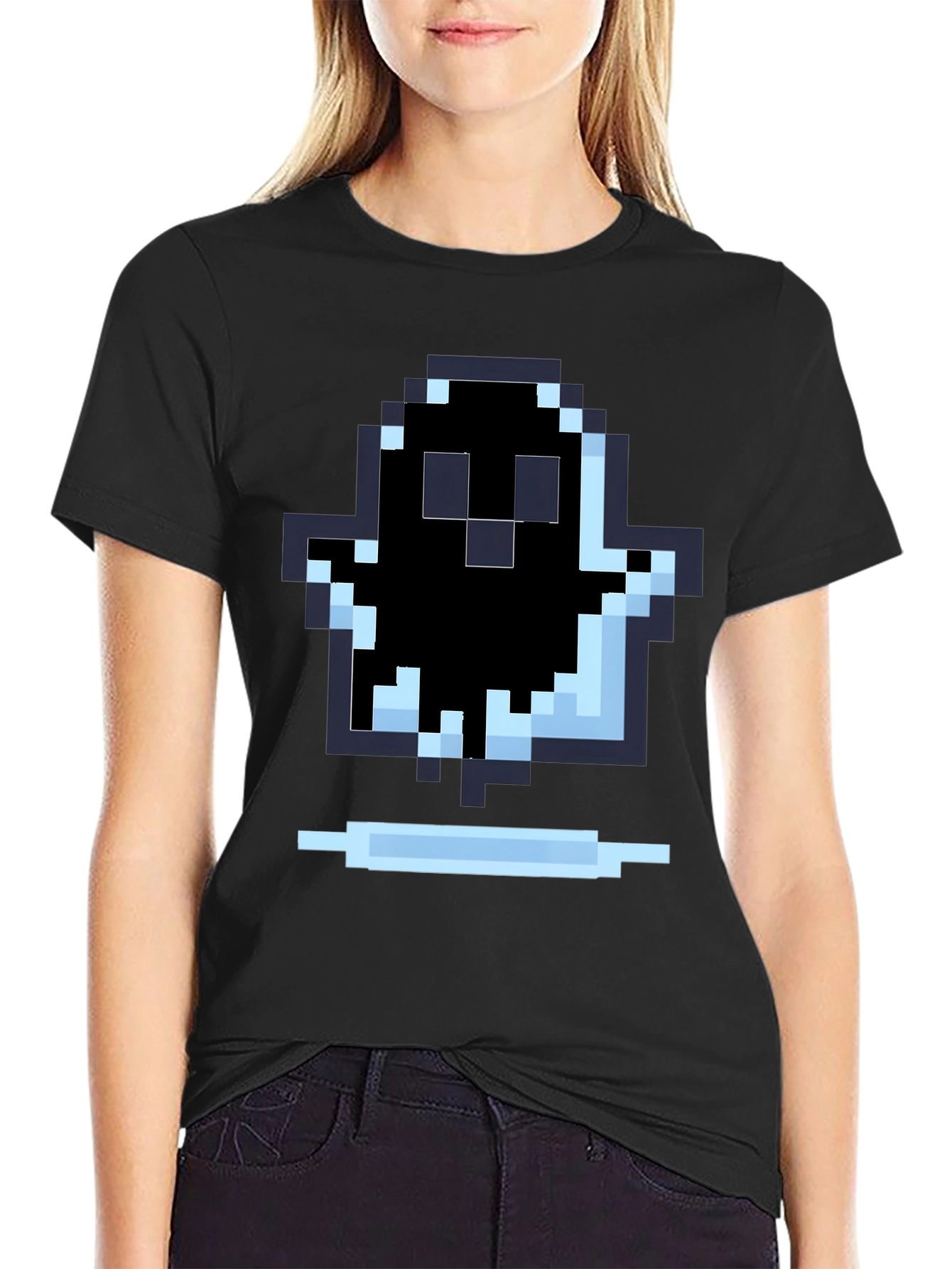 Pixel Ghost Graphic Tee - Black Cotton Shirt