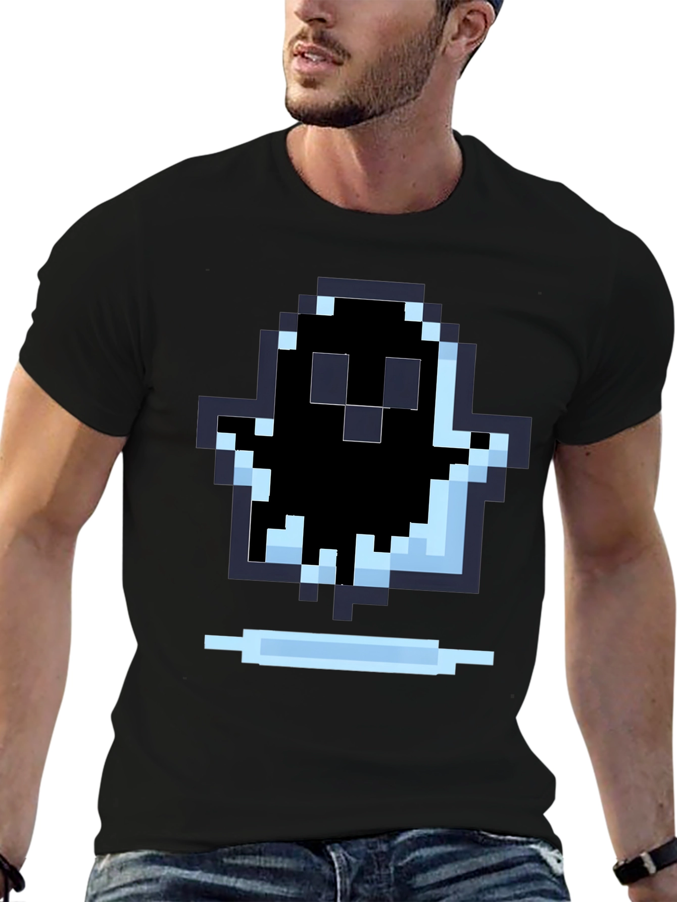 Pixel Ghost Graphic Tee - Black Cotton Shirt