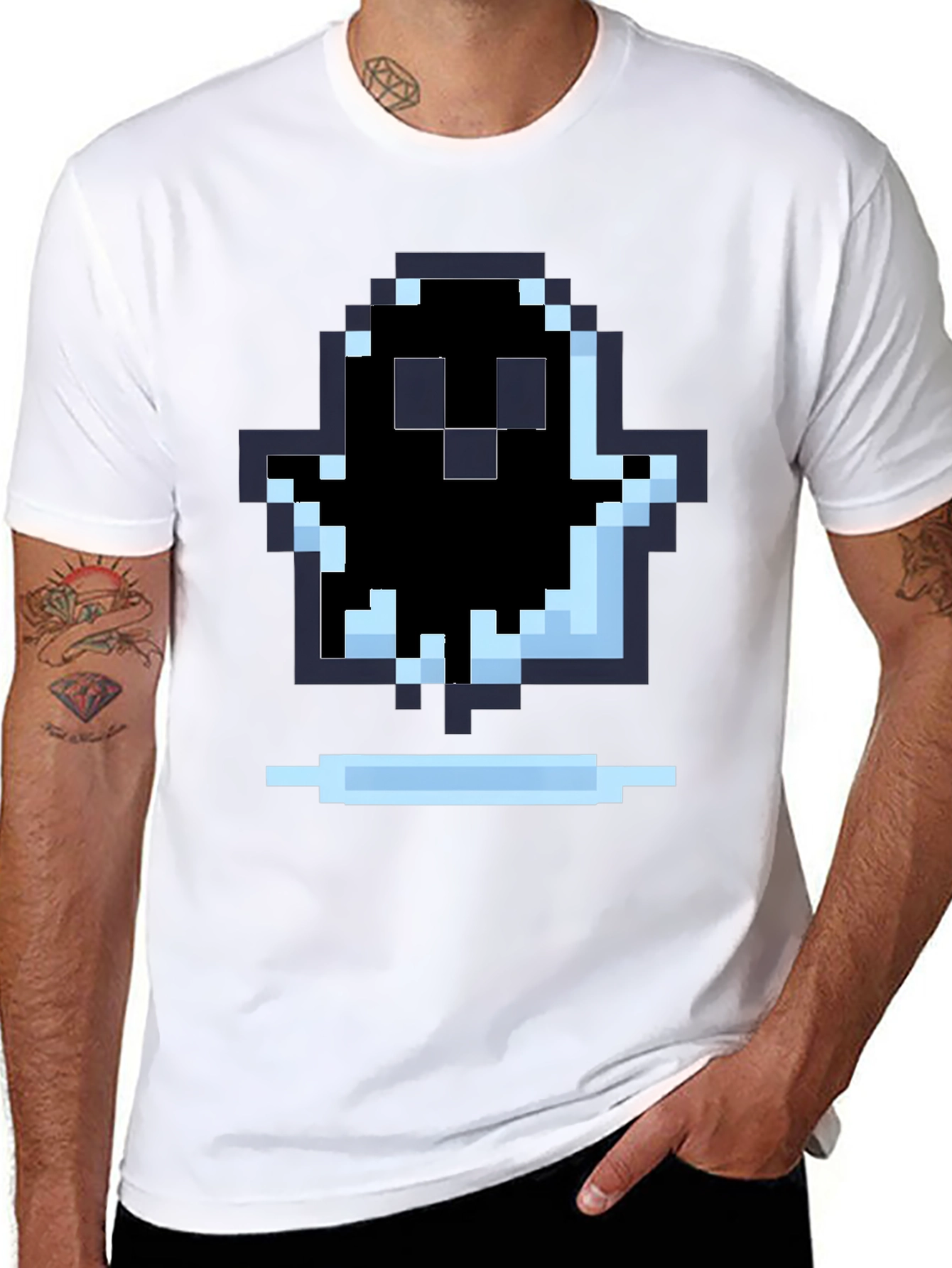Pixel Ghost Graphic Tee - Black Cotton Shirt