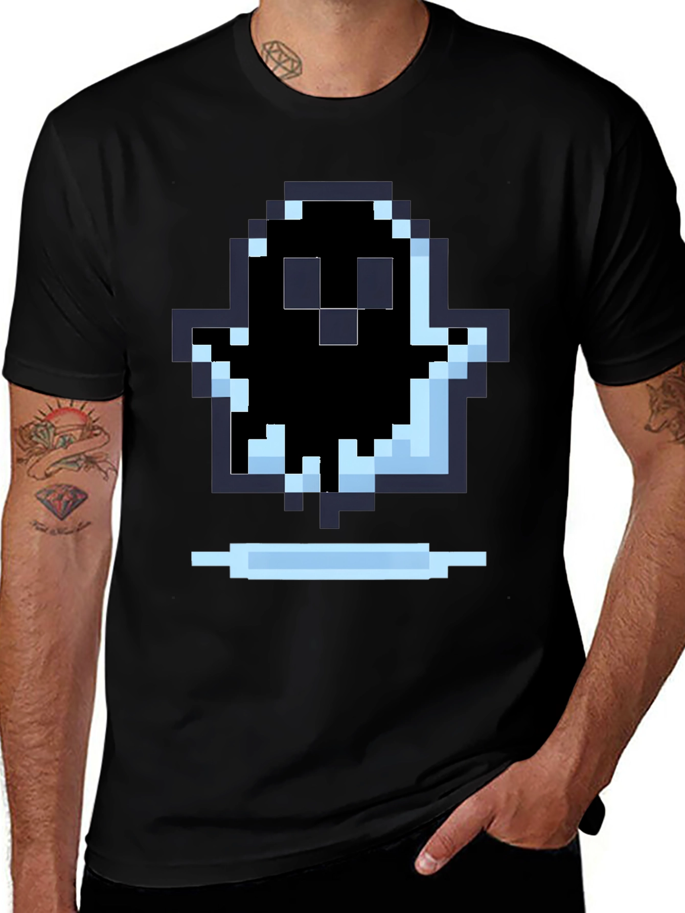 Pixel Ghost Graphic Tee - Black Cotton Shirt