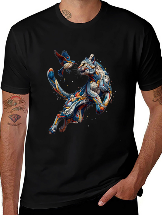 Abstract Cat and Bird Graphic Tee - Modern Art Shirt