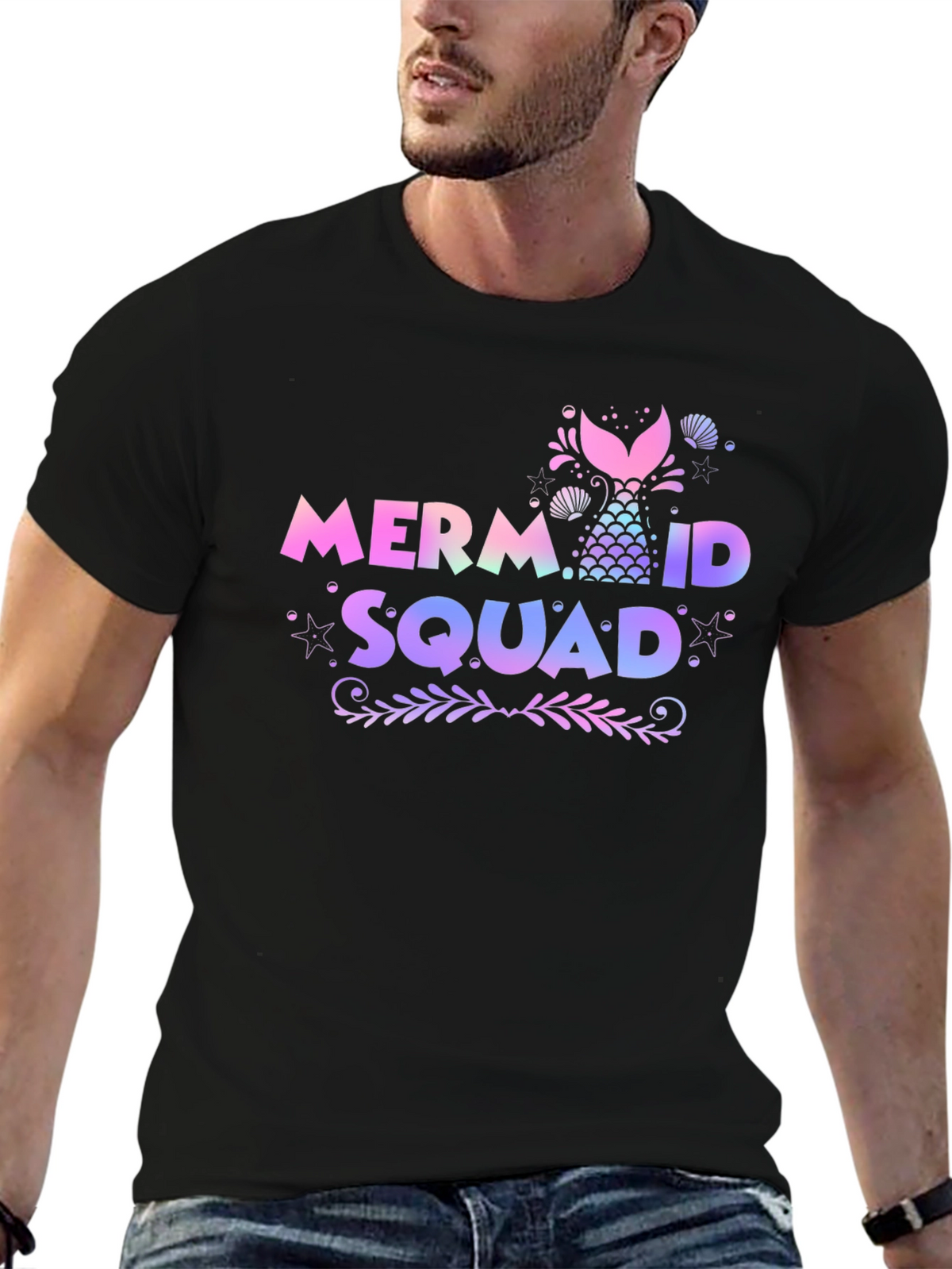 Mermaid Squad Tee - Black Cotton Crew Neck