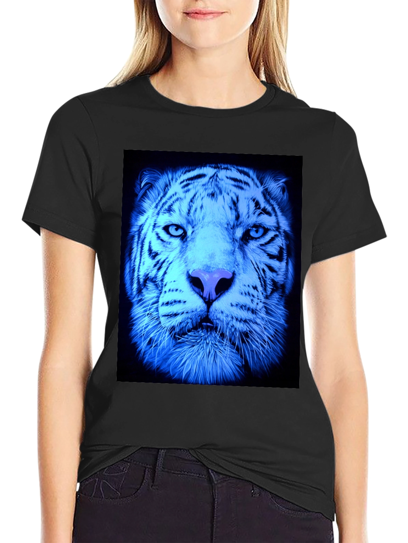 Cool Blue Tiger Graphic Black T-Shirt