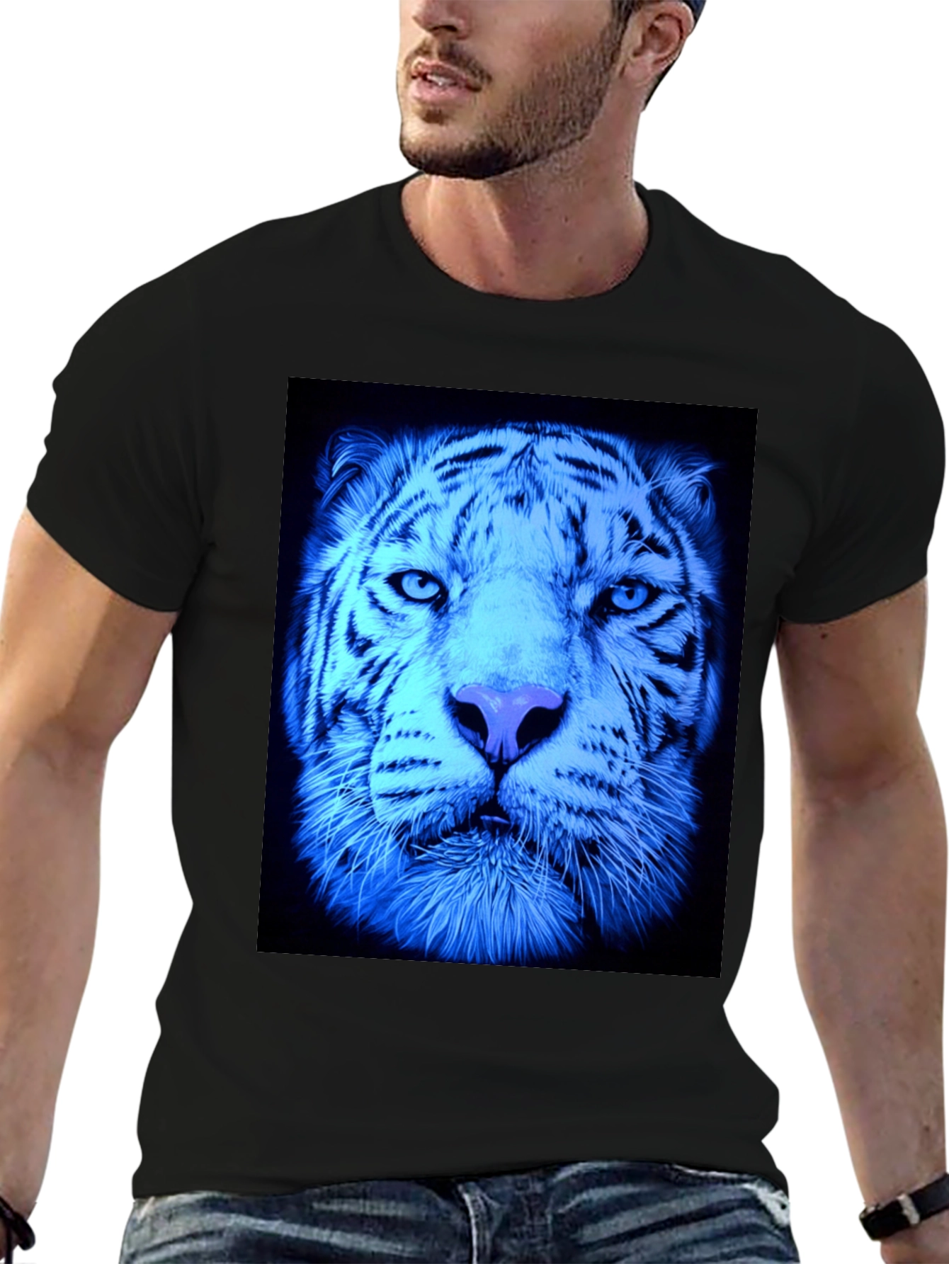 Cool Blue Tiger Graphic Black T-Shirt