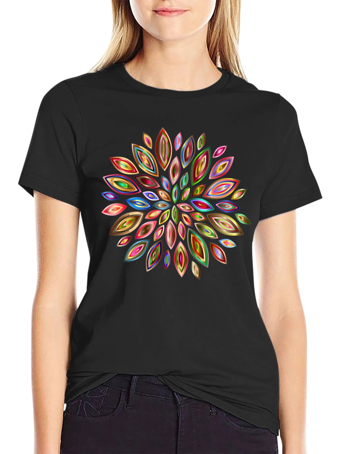 Abstract Floral Pattern Black T-Shirt