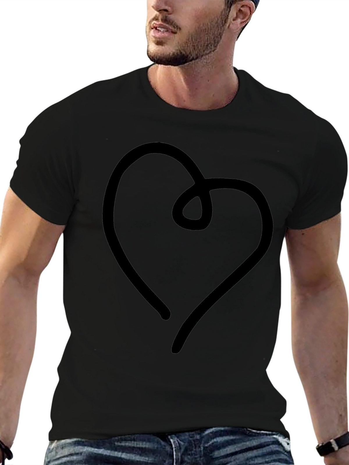 Modern Heart Line Art Black T-Shirt