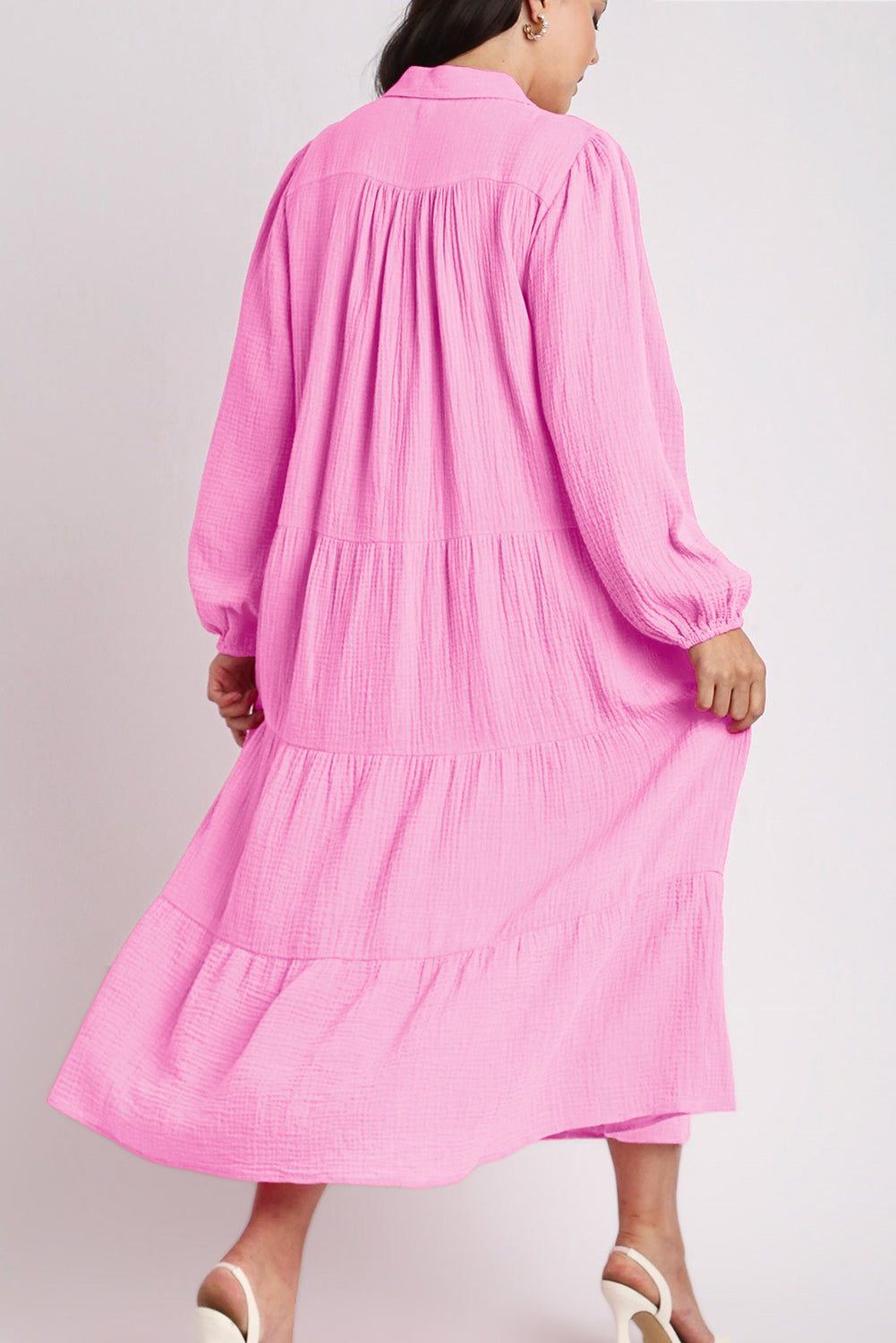 Bonbon Solid Collared V Neck Tiered Loose Fit Midi Dress