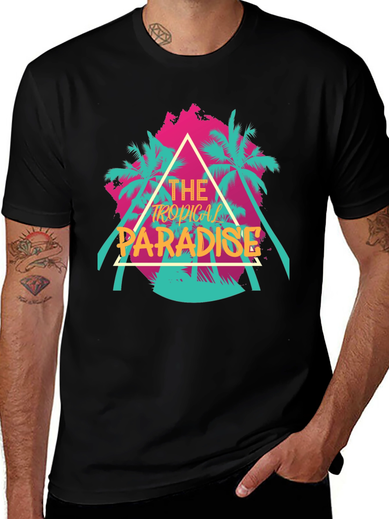 Tropical Paradise Graphic Tee - Black Cotton T-Shirt