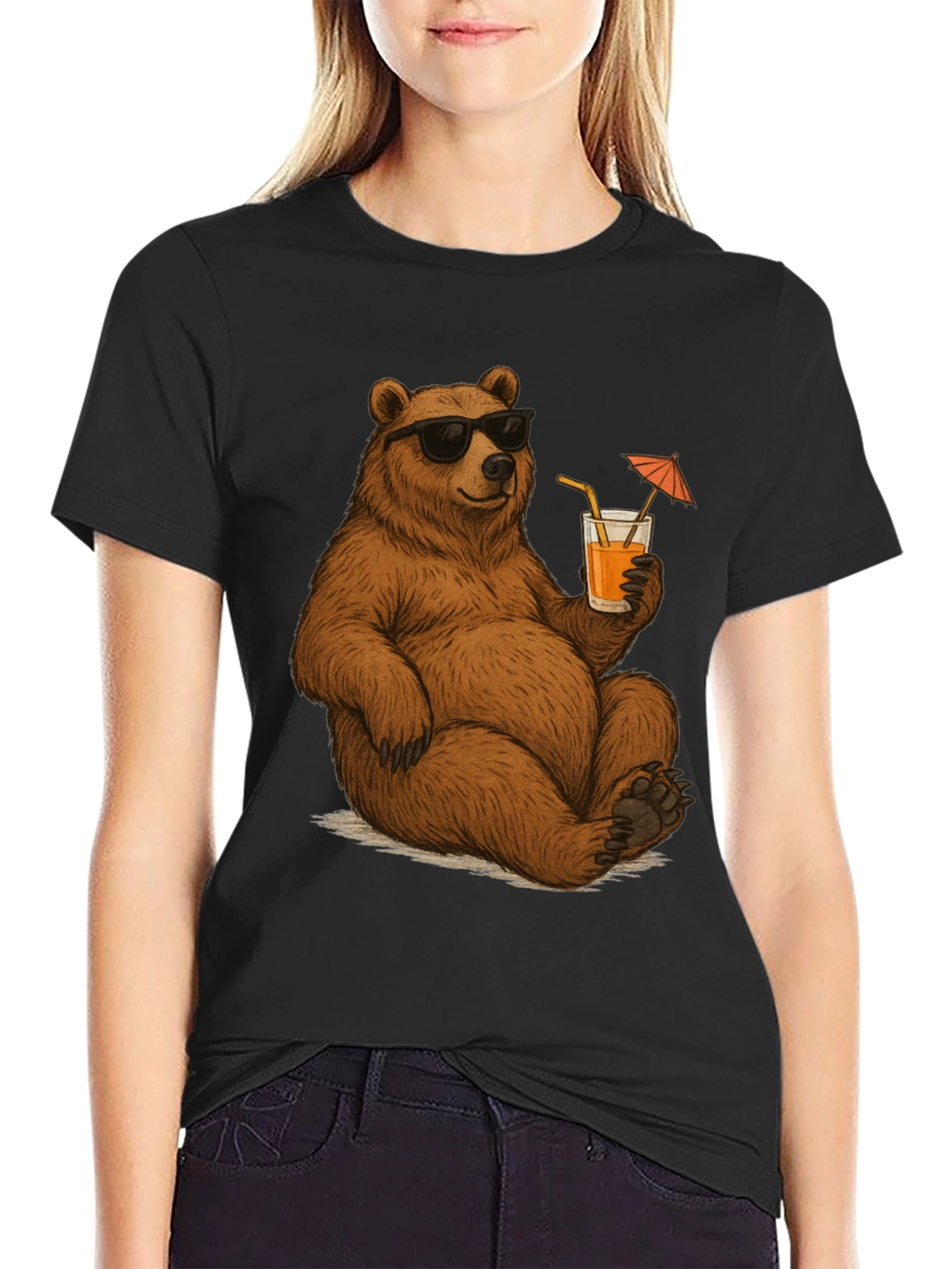 Bear with Shades & Drink Black T-Shirt