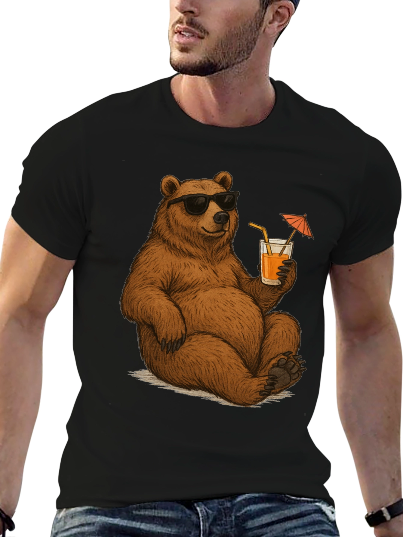 Bear with Shades & Drink Black T-Shirt