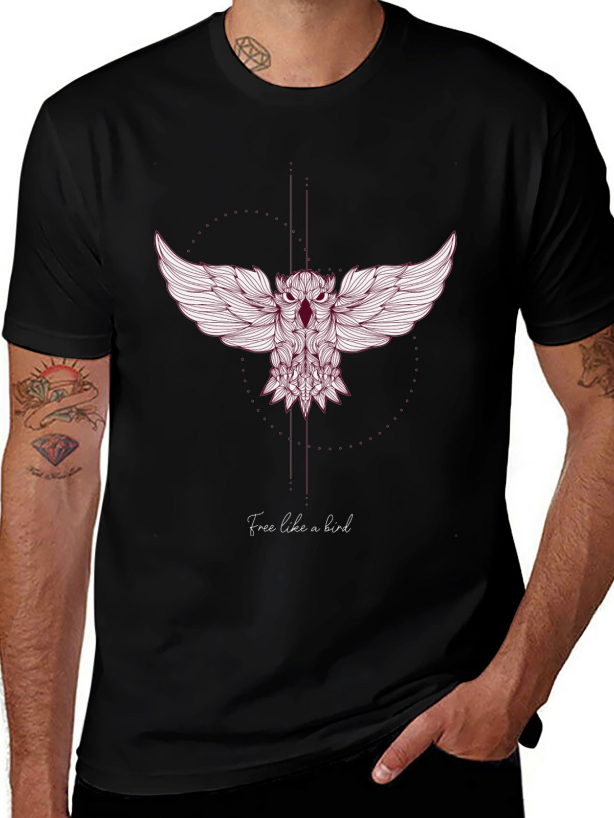 Mens Black T-Shirt with Artistic Owl Design