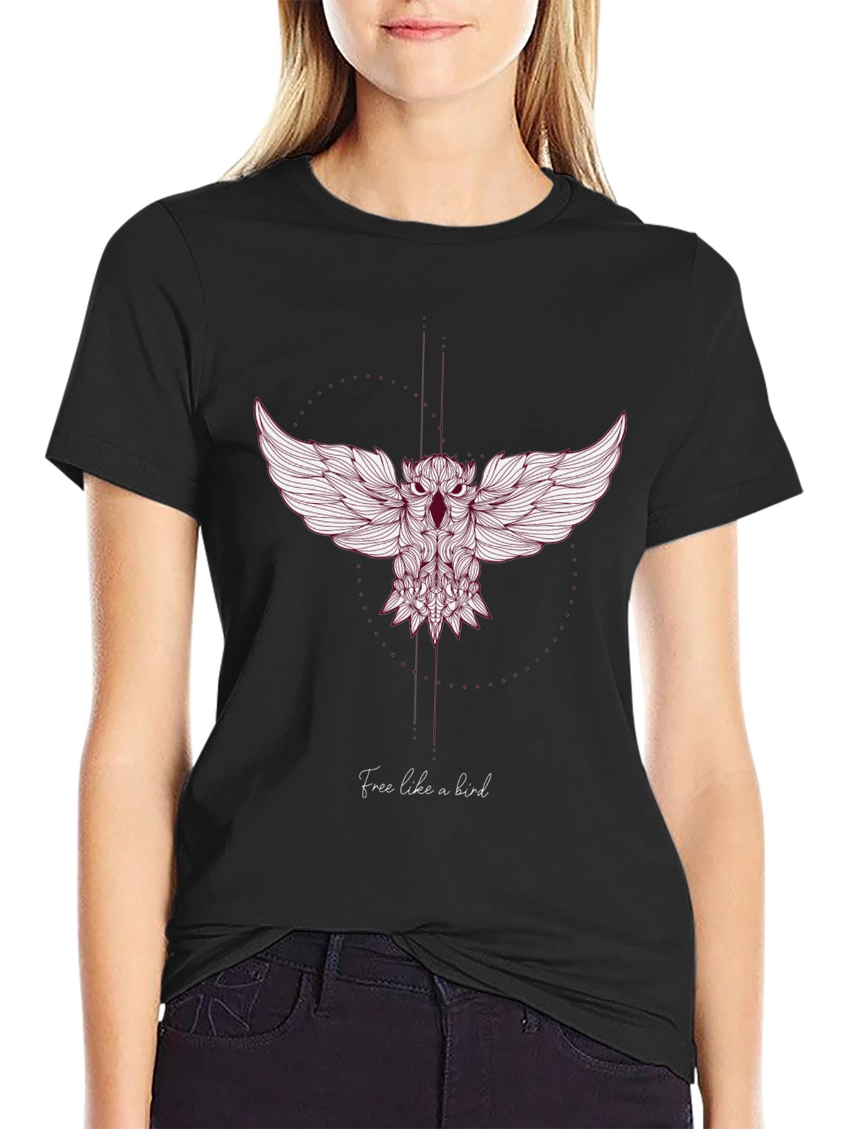 Mens Black T-Shirt with Artistic Owl Design