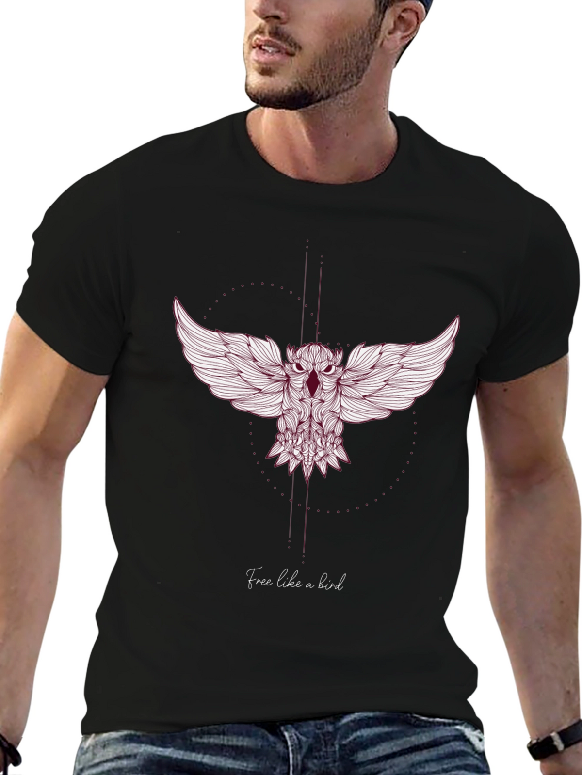 Mens Black T-Shirt with Artistic Owl Design