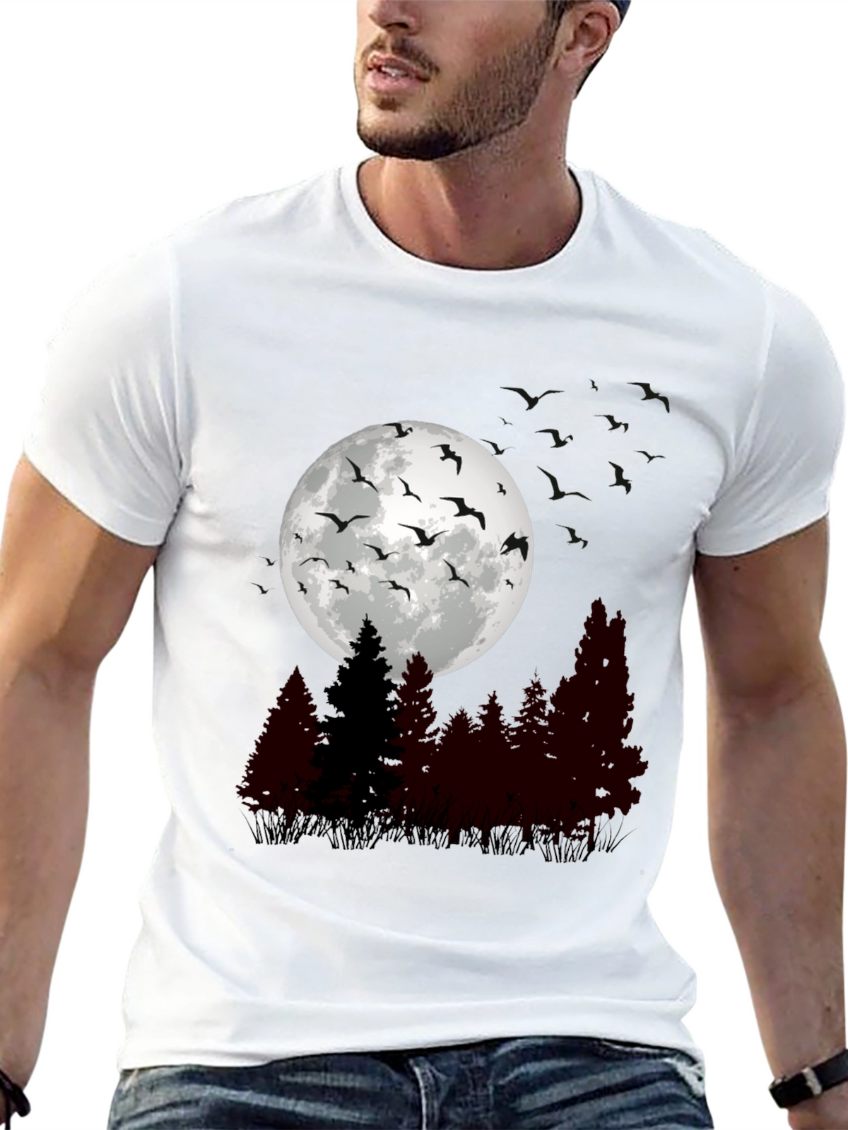 Mens Moonlit Forest Graphic Tee - Black