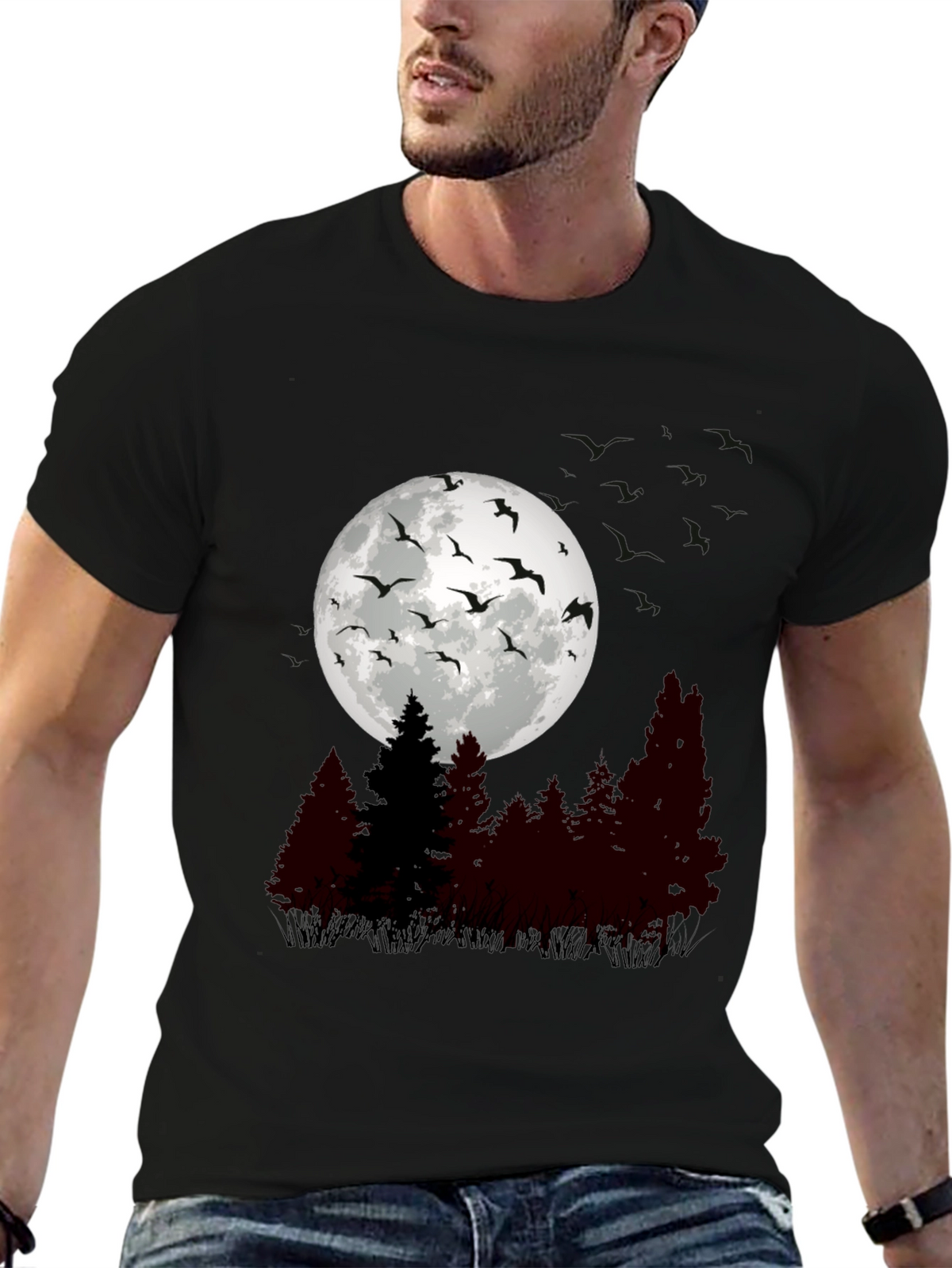 Mens Moonlit Forest Graphic Tee - Black