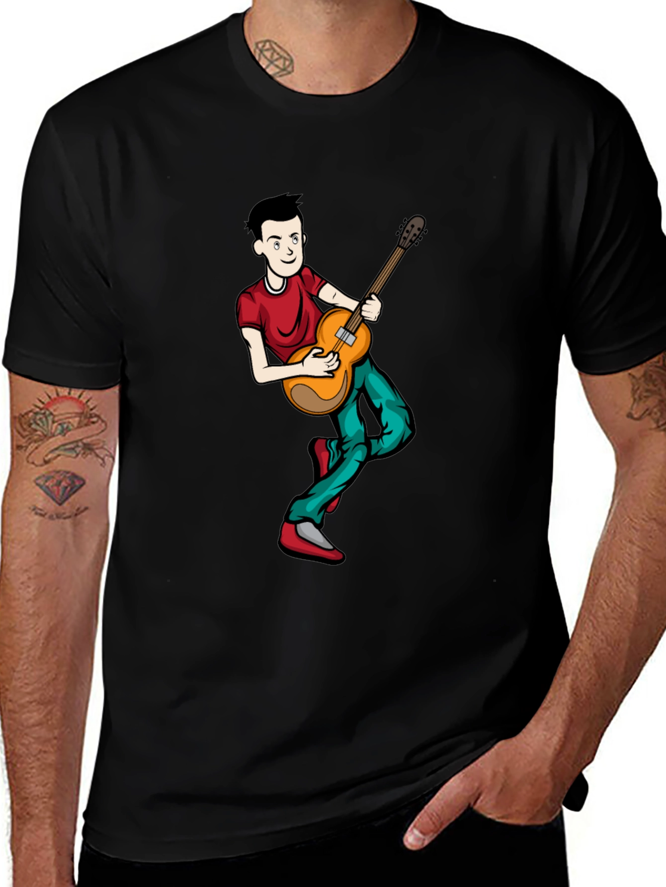 Cartoon Musician Graphic Tee - Black Cotton Shirt
