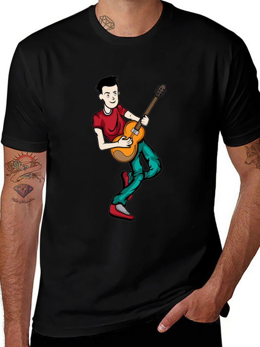 Cartoon Musician Graphic Tee - Black Cotton Shirt