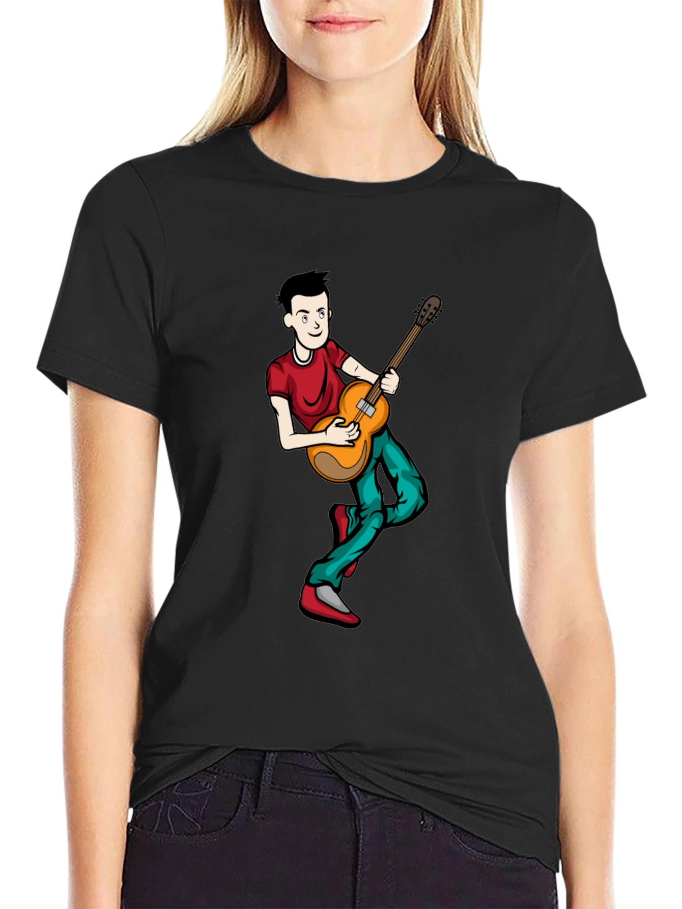 Cartoon Musician Graphic Tee - Black Cotton Shirt