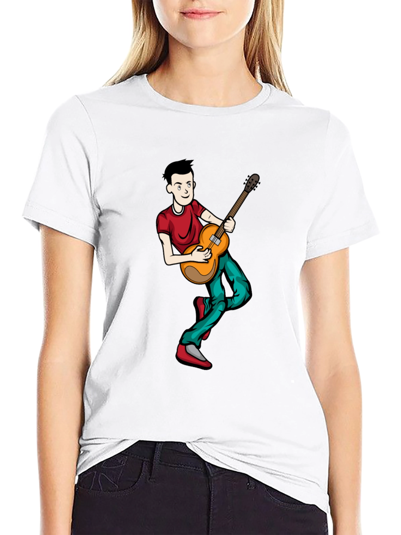 Cartoon Musician Graphic Tee - Black Cotton Shirt