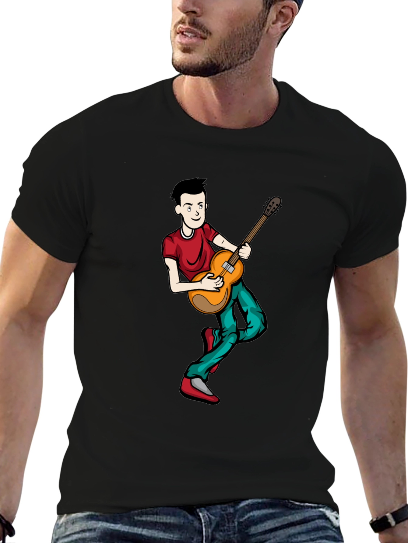 Cartoon Musician Graphic Tee - Black Cotton Shirt