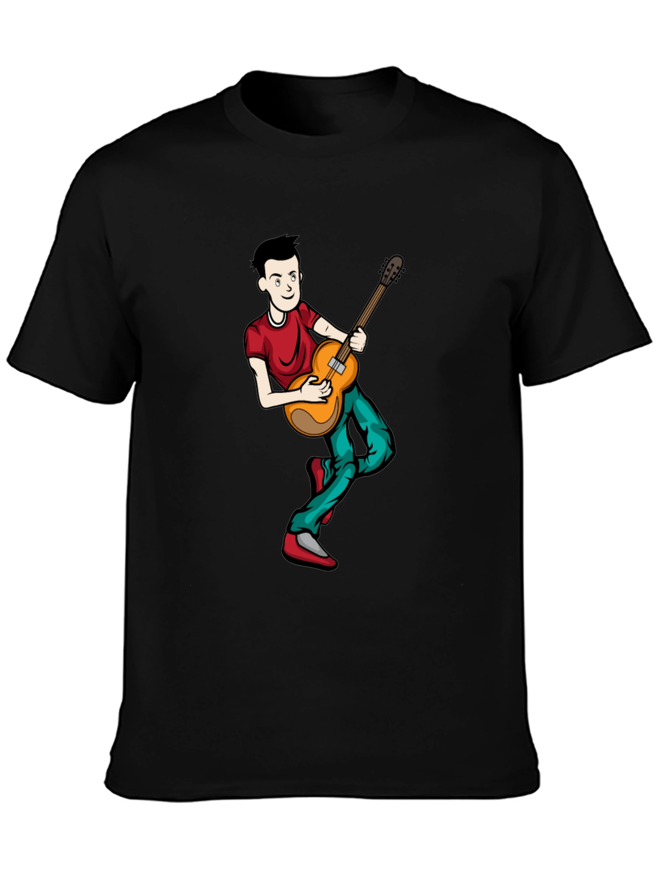 Cartoon Musician Graphic Tee - Black Cotton Shirt