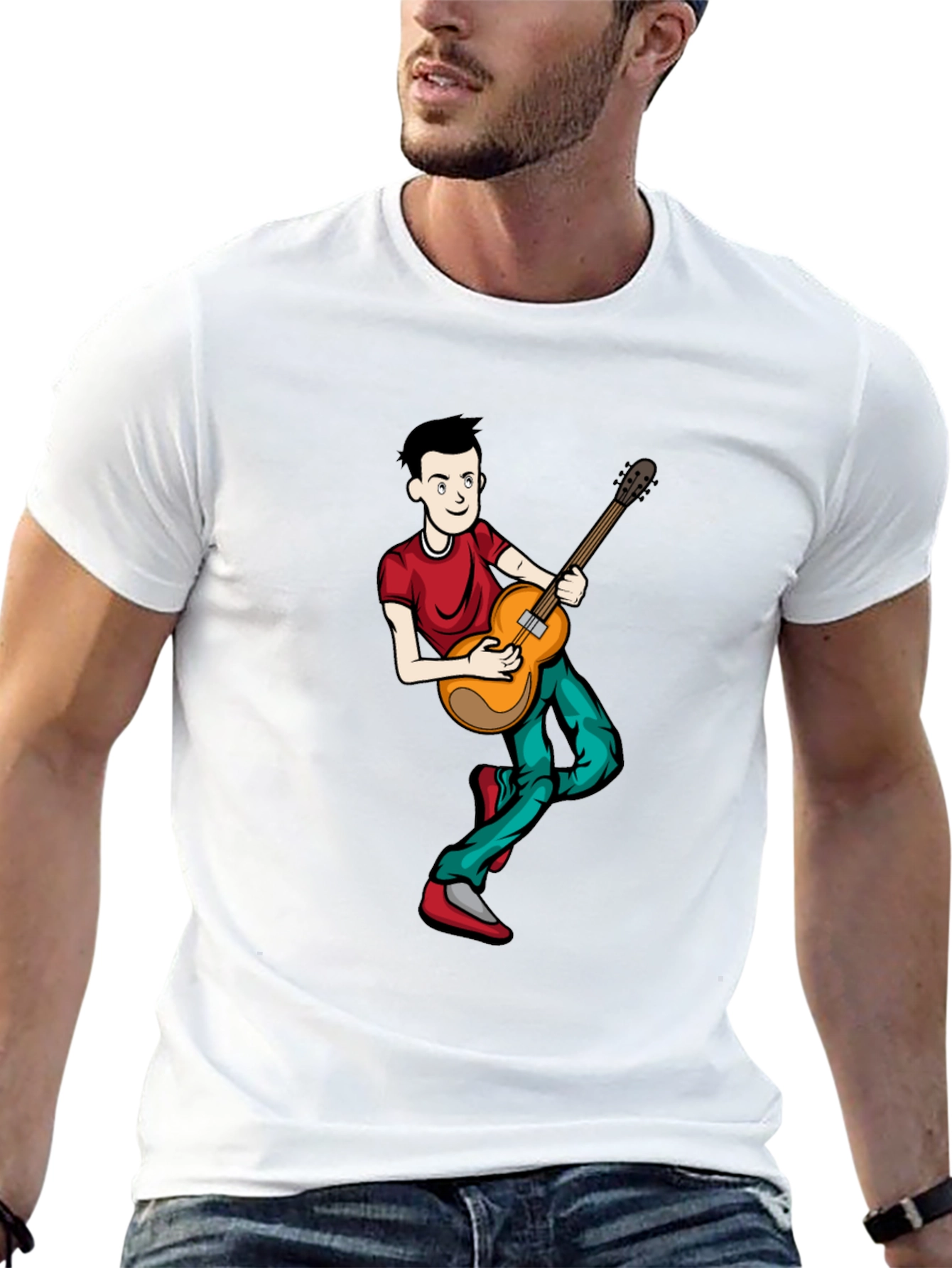 Cartoon Musician Graphic Tee - Black Cotton Shirt