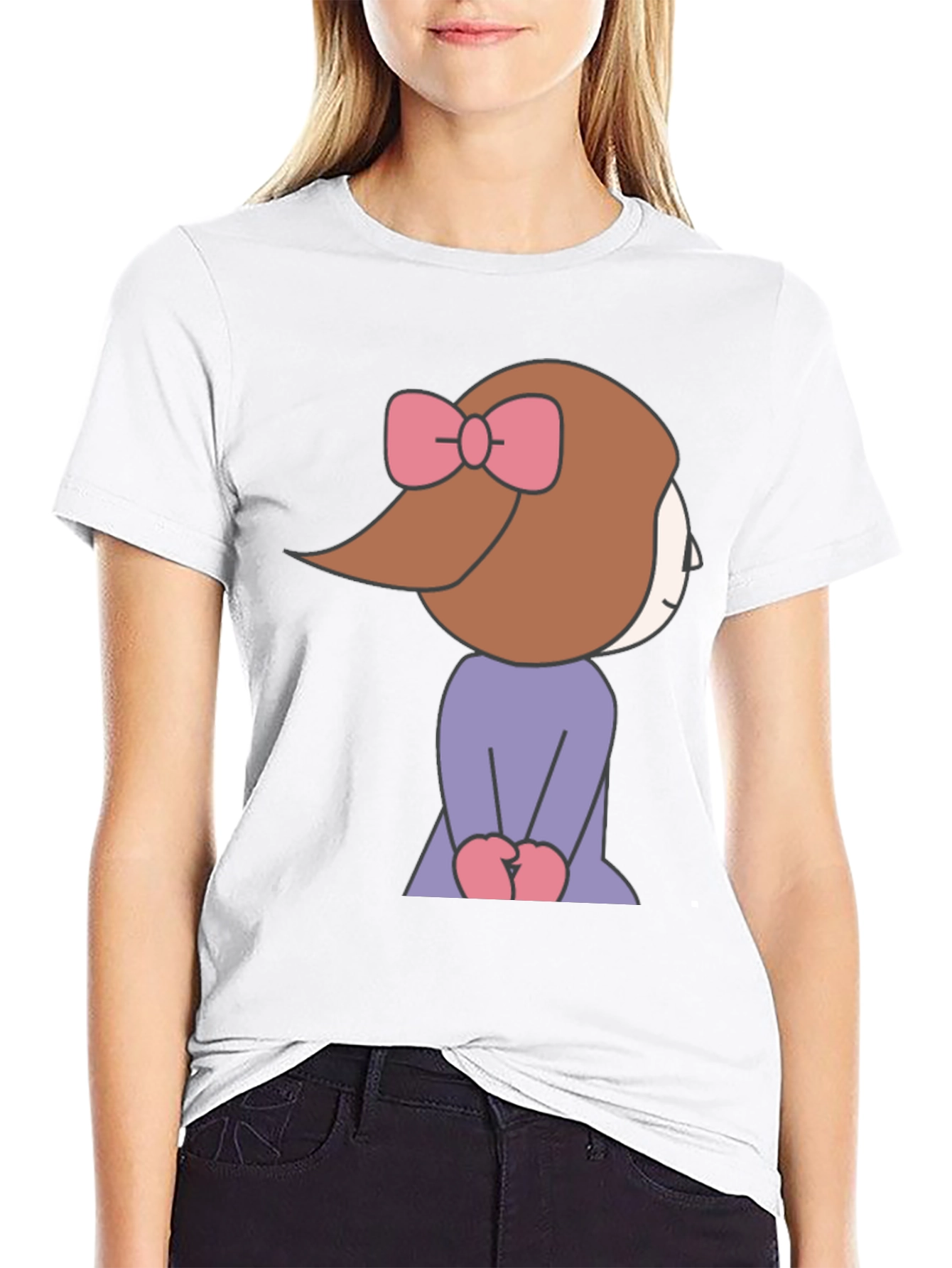 Cute Cartoon Girl Graphic Tee - Black