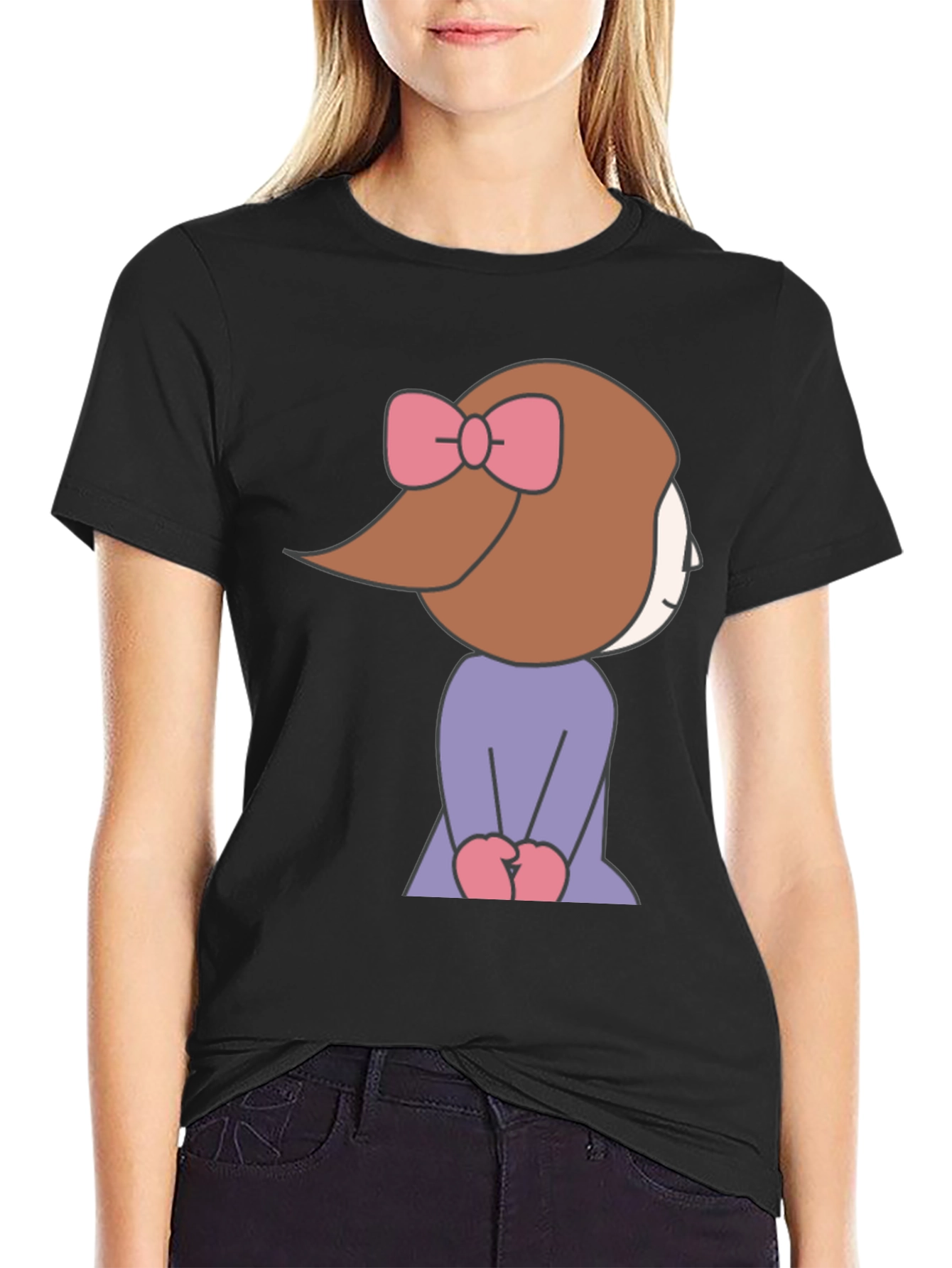 Cute Cartoon Girl Graphic Tee - Black
