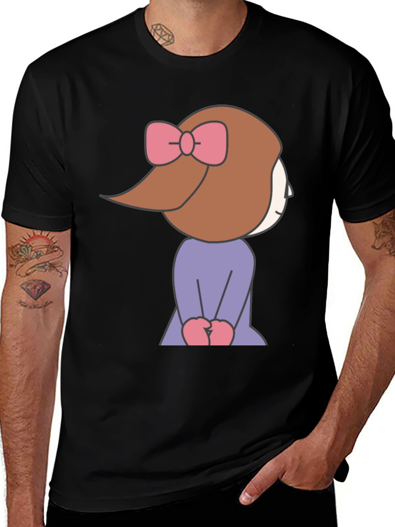Cute Cartoon Girl Graphic Tee - Black