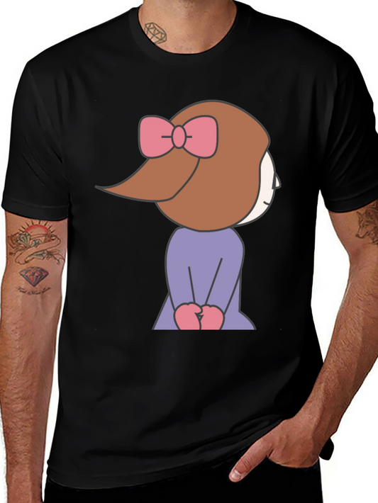 Cute Cartoon Girl Graphic Tee - Black