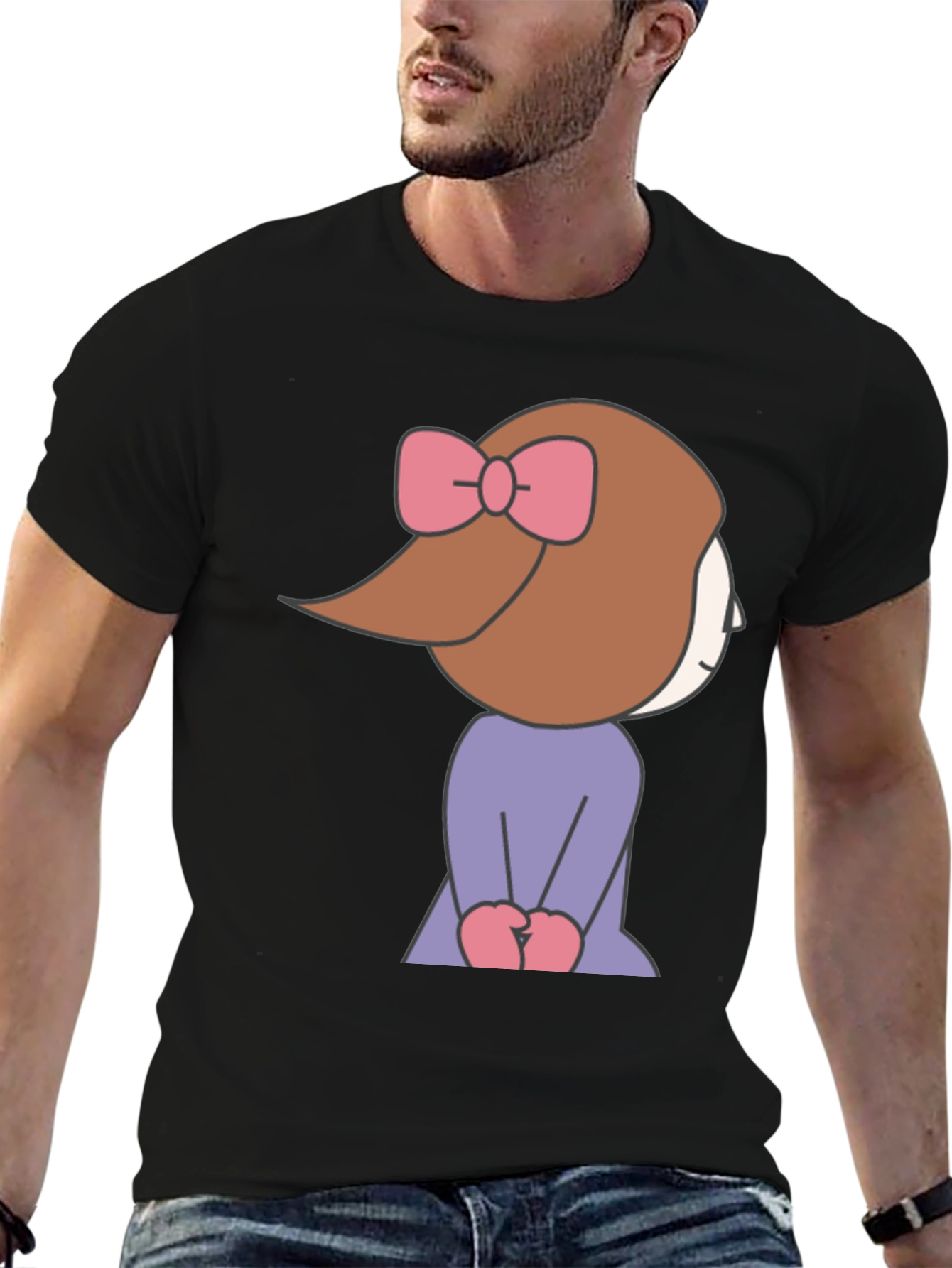 Cute Cartoon Girl Graphic Tee - Black