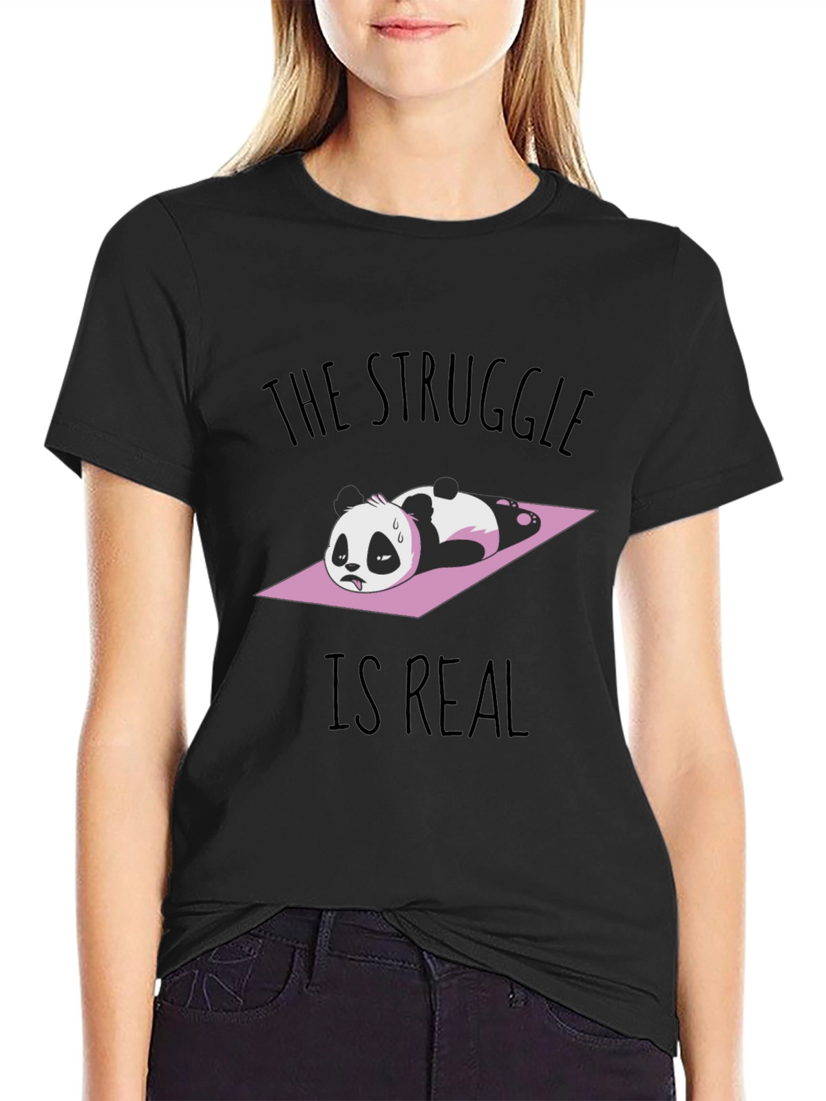 Funny Panda Yoga Black T-Shirt: The Struggle Is Real!