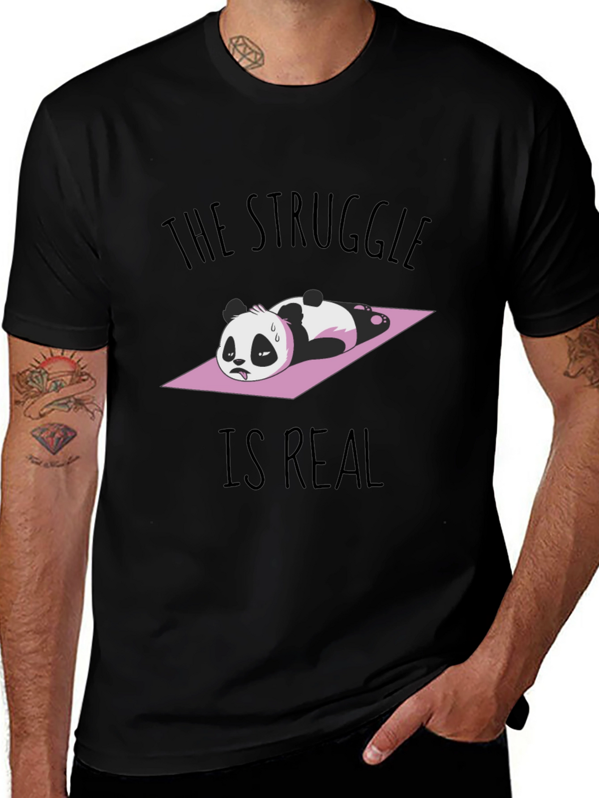 Funny Panda Yoga Black T-Shirt: The Struggle Is Real!