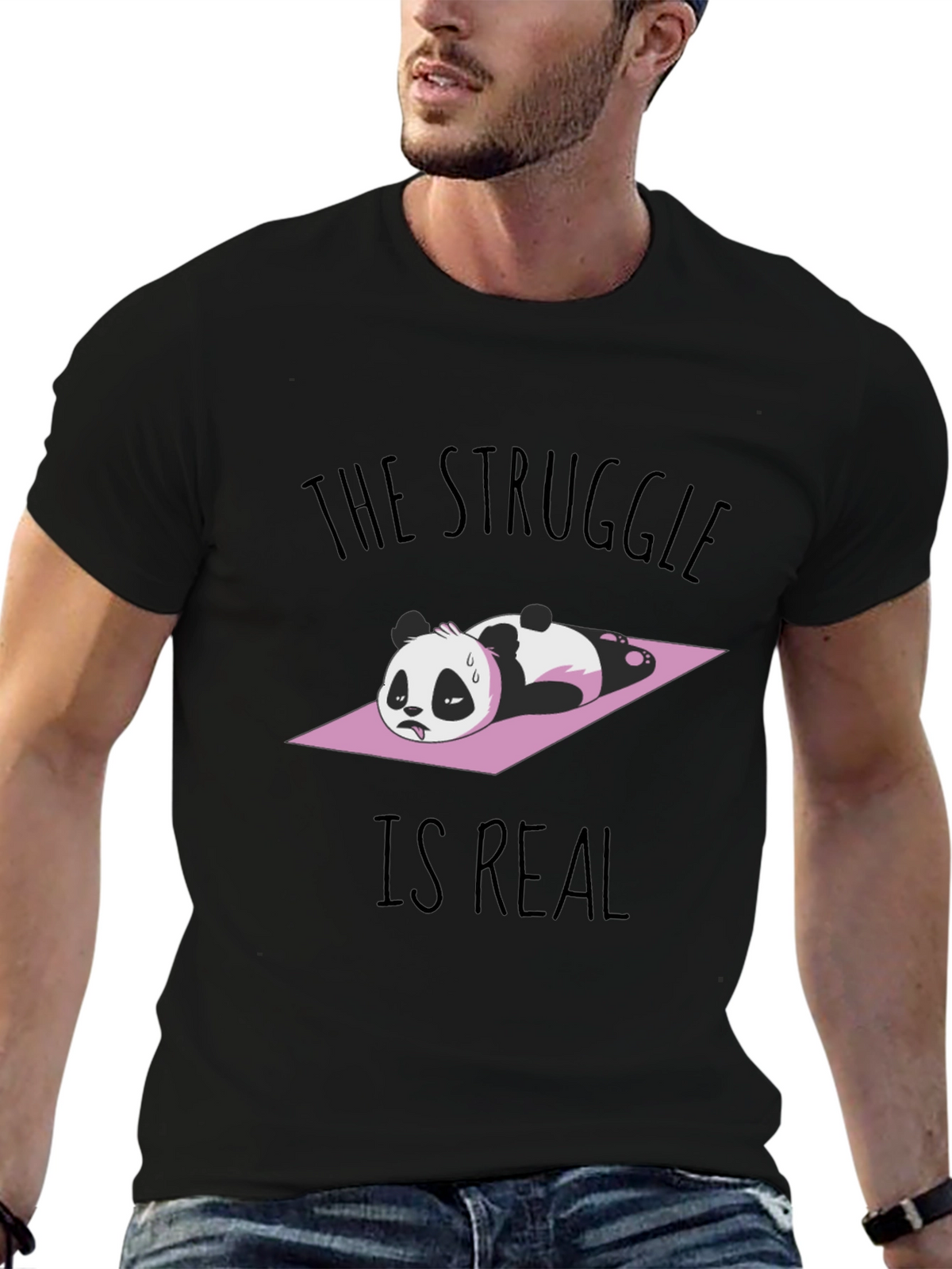 Funny Panda Yoga Black T-Shirt: The Struggle Is Real!
