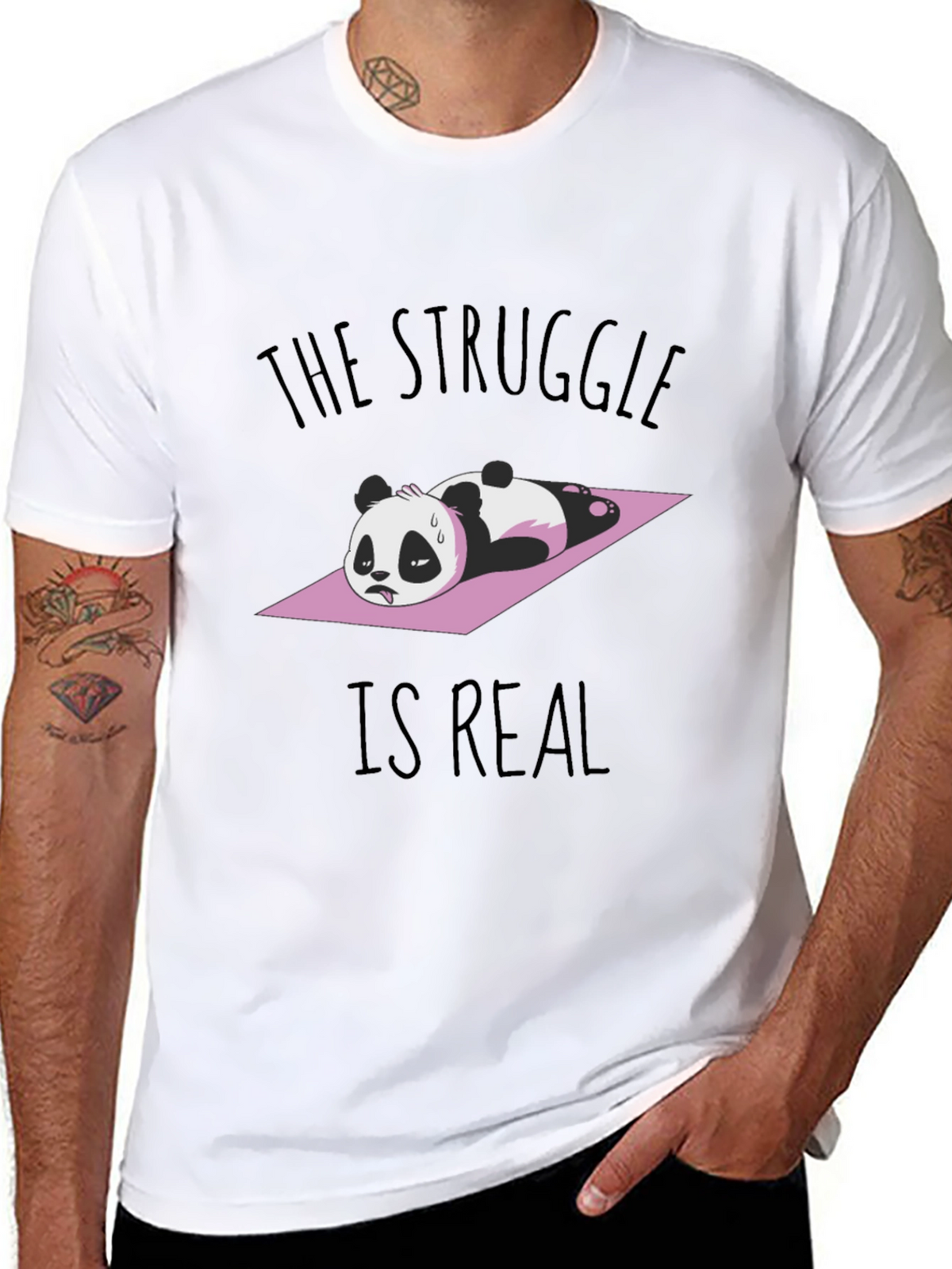 Funny Panda Yoga Black T-Shirt: The Struggle Is Real!