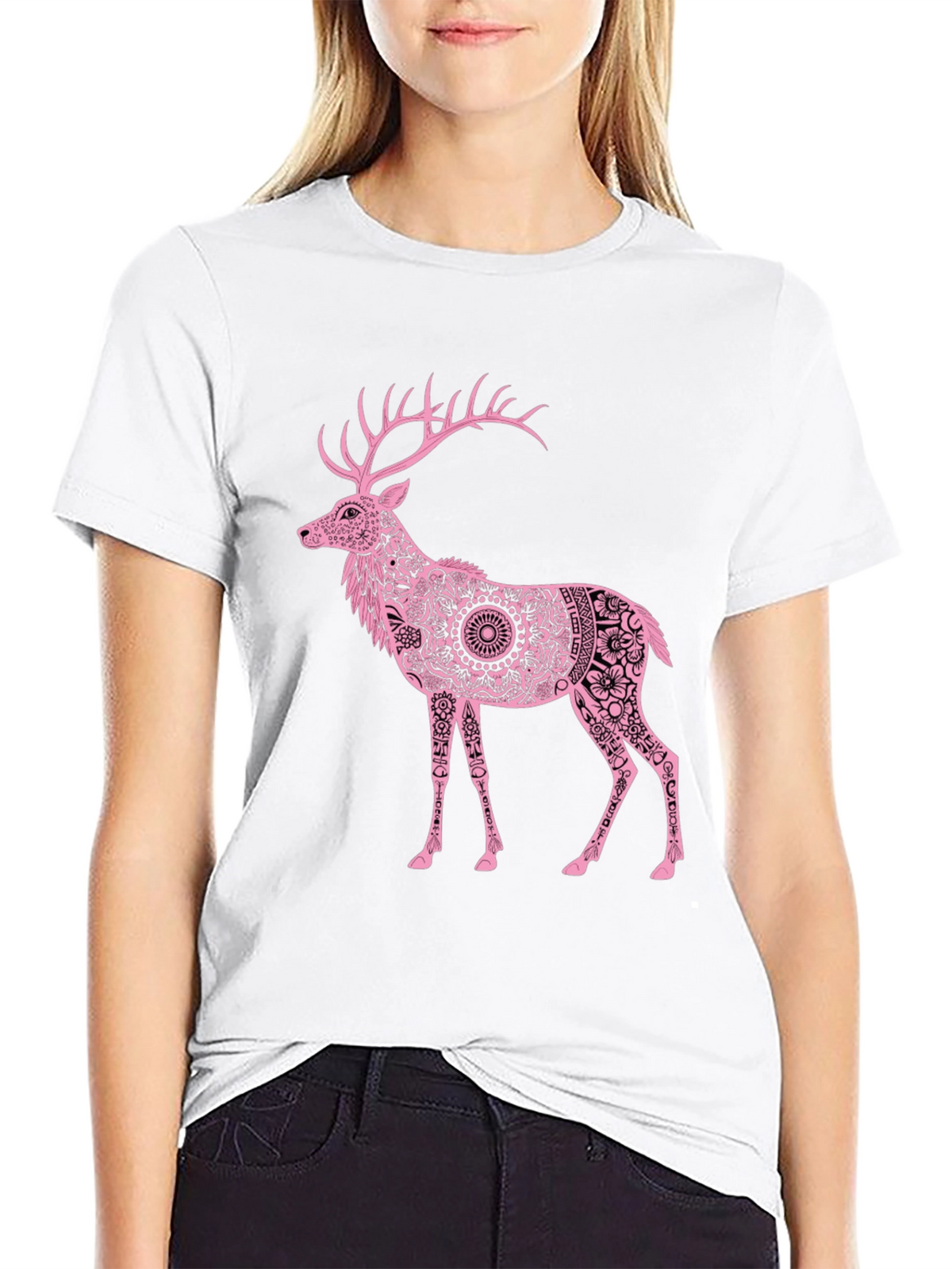 Pink Deer Graphic Black T-Shirt