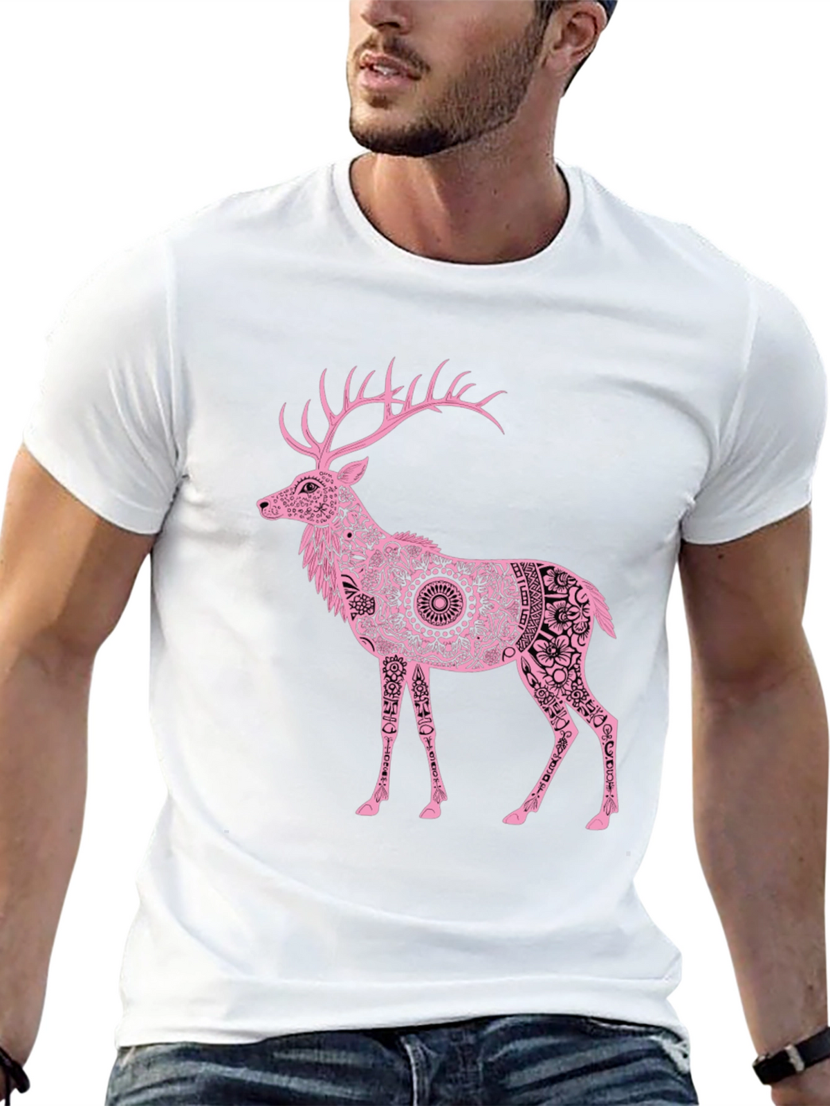 Pink Deer Graphic Black T-Shirt