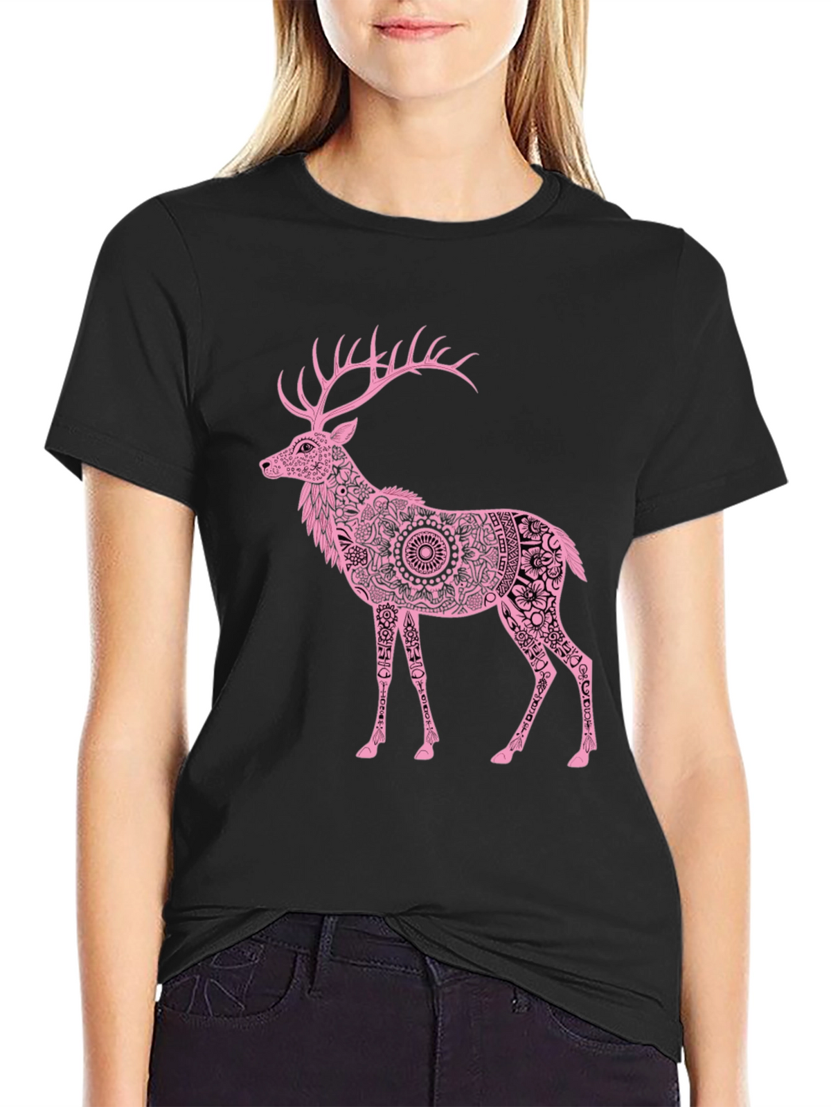 Pink Deer Graphic Black T-Shirt