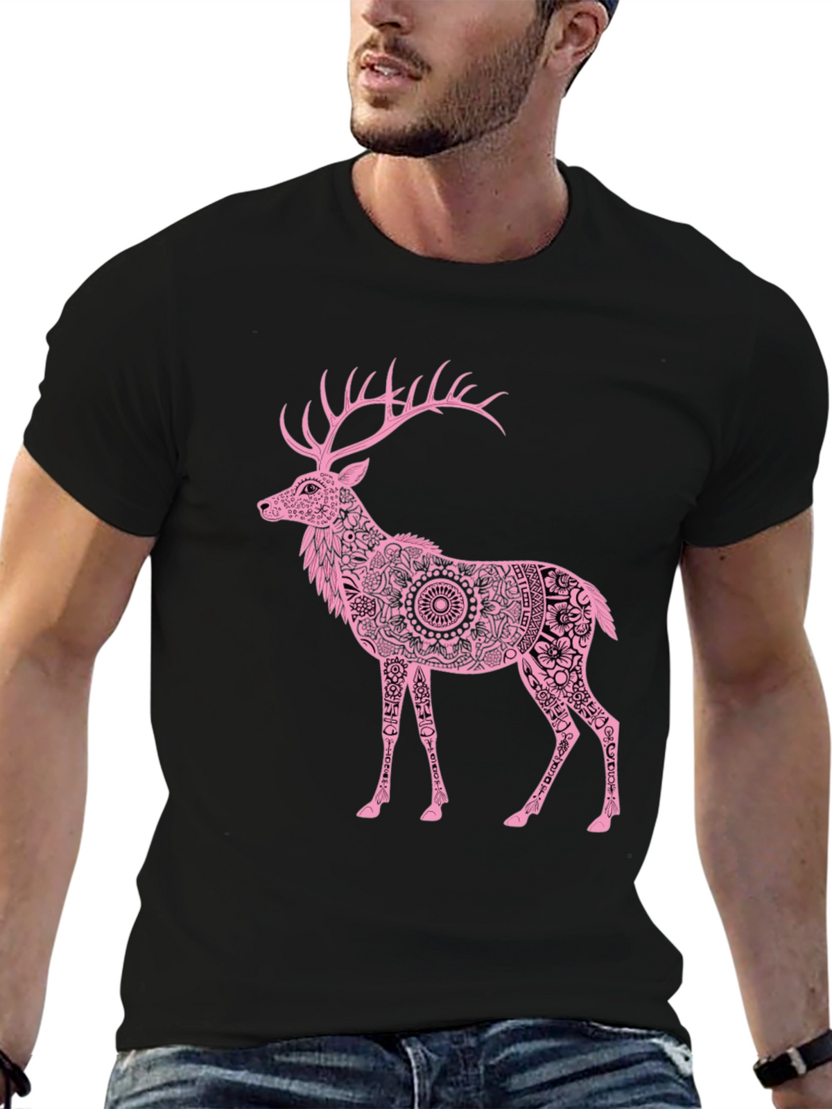 Pink Deer Graphic Black T-Shirt